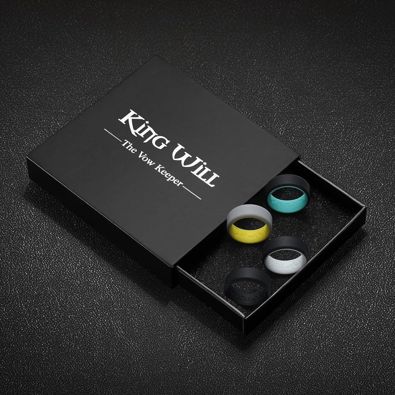 imageKing Will Mens Silicone Wedding Bands 8mm Comfort Fit with Unique Inner Groove Design Rubber Engagement Rings for Daily Wear and Activities 14 Variety MultipackGreyYellow BlackMint Blue BlackWhite BlackBlack