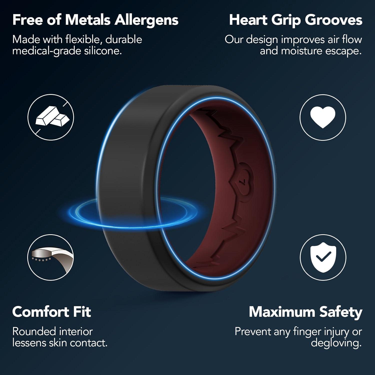 imageKing Will Mens Silicone Wedding Bands 8mm Comfort Fit with Unique Inner Groove Design Rubber Engagement Rings for Daily Wear and Activities 14 Variety MultipackBlackDark Red