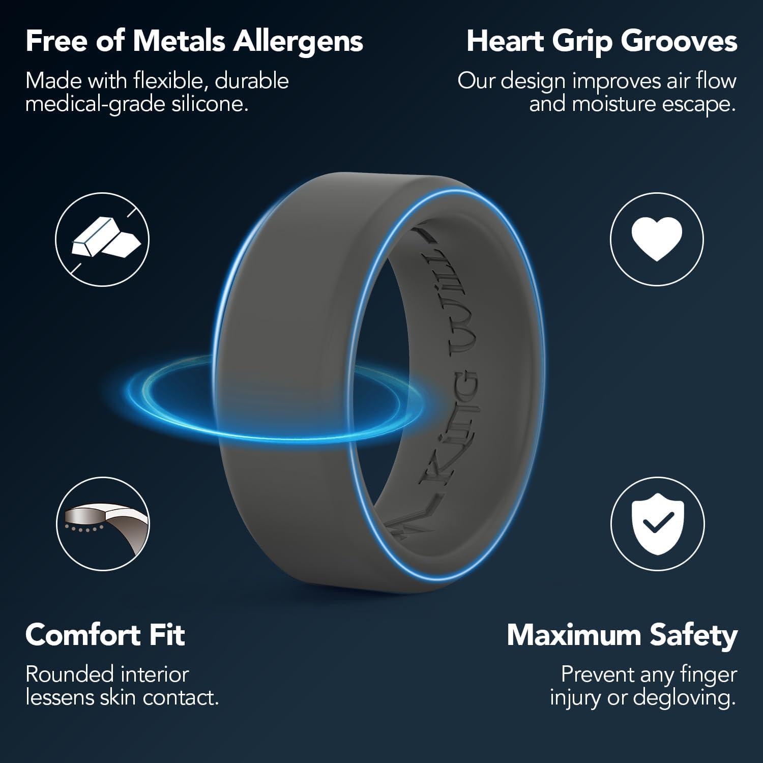 imageKing Will Mens Silicone Wedding Bands 8mm Comfort Fit with Unique Inner Groove Design Rubber Engagement Rings for Daily Wear and Activities 14 Variety MultipackBlack Dark Gray Green Brown