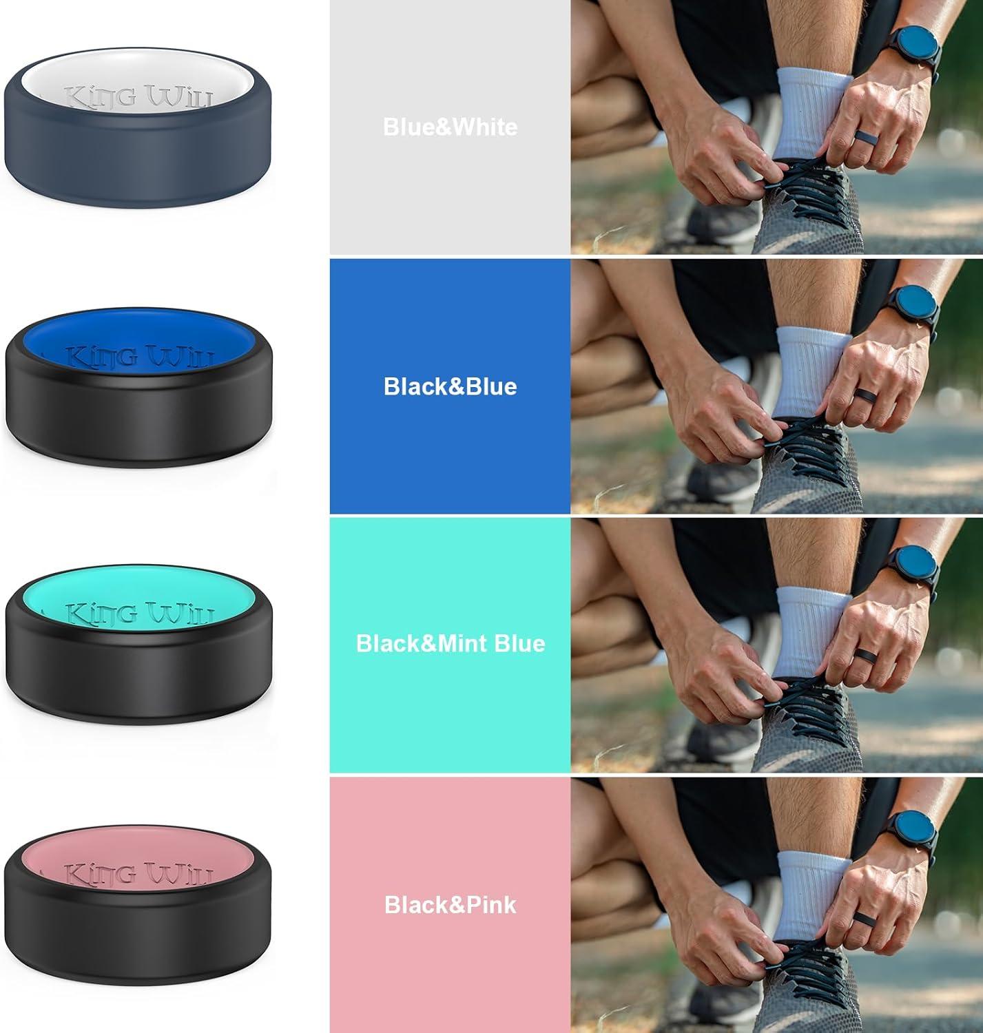 imageKing Will Mens Silicone Wedding Bands 8mm Comfort Fit with Unique Inner Groove Design Rubber Engagement Rings for Daily Wear and Activities 14 Variety MultipackBlackBlue BlackMint Blue BlueWhite BlackPink