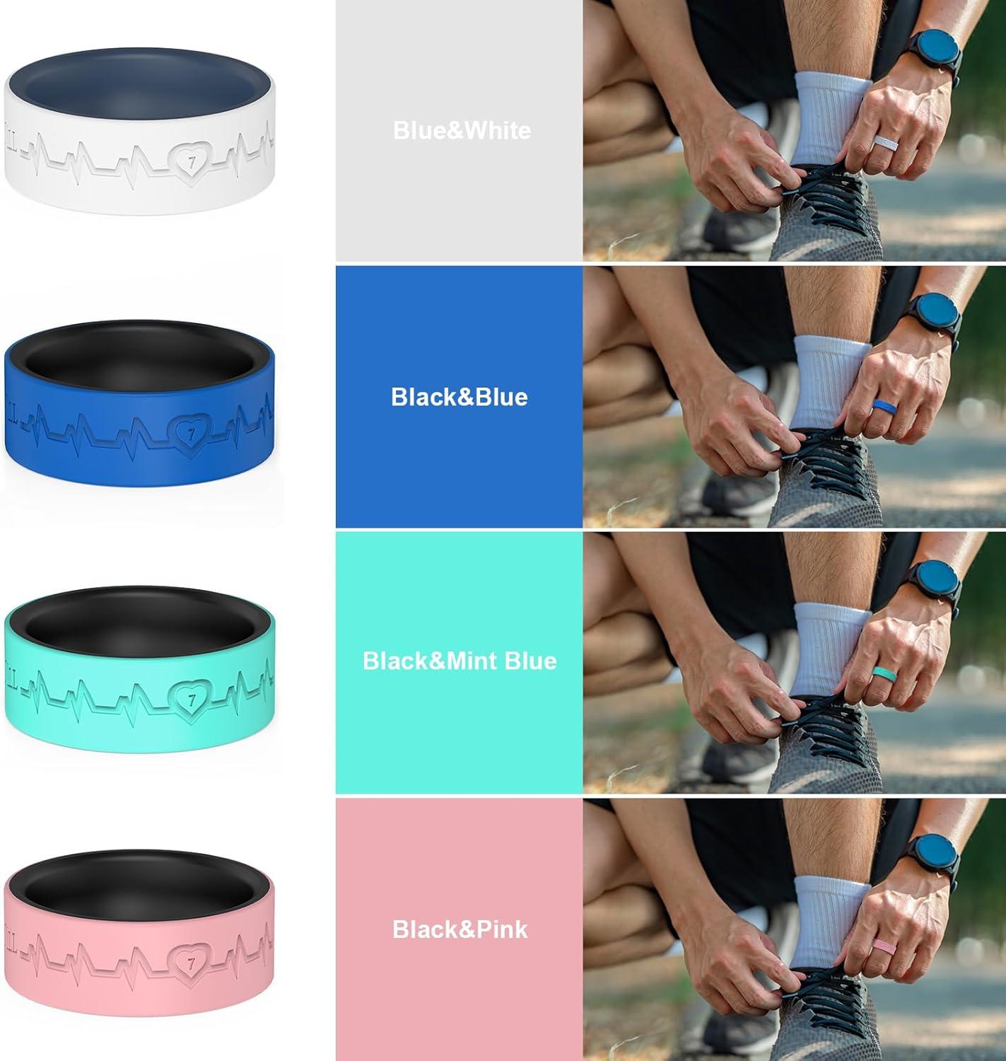 imageKing Will Mens Silicone Wedding Bands 8mm Comfort Fit with Unique Inner Groove Design Rubber Engagement Rings for Daily Wear and Activities 14 Variety MultipackBlackBlue BlackMint Blue BlueWhite BlackPink
