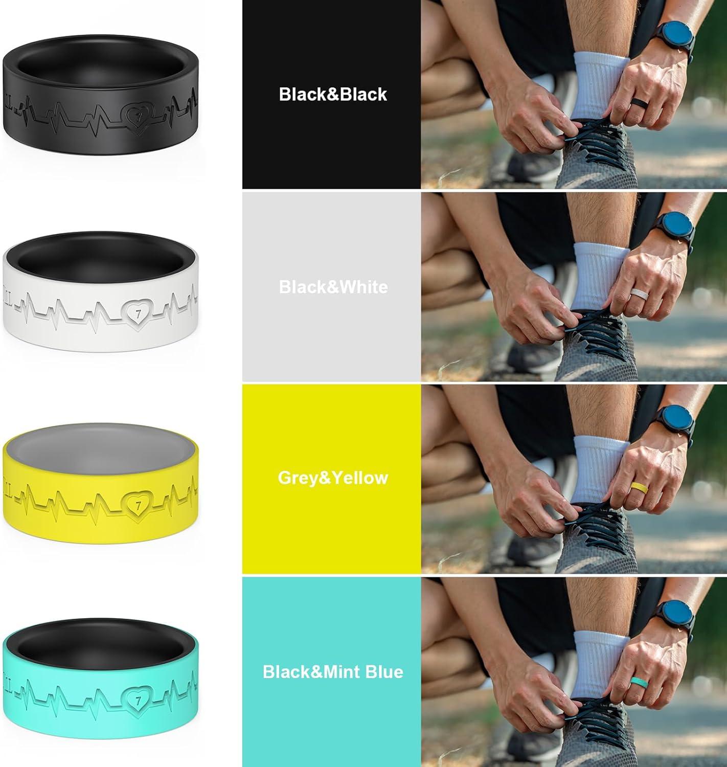 imageKing Will Mens Silicone Wedding Bands 8mm Comfort Fit with Unique Inner Groove Design Rubber Engagement Rings for Daily Wear and Activities 14 Variety MultipackGreyYellow BlackMint Blue BlackWhite BlackBlack