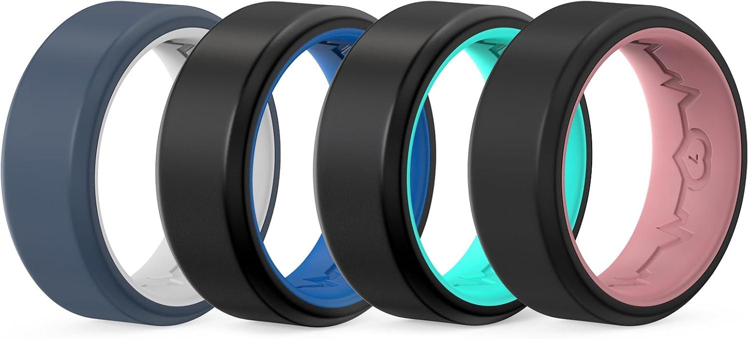imageKing Will Mens Silicone Wedding Bands 8mm Comfort Fit with Unique Inner Groove Design Rubber Engagement Rings for Daily Wear and Activities 14 Variety MultipackBlackBlue BlackMint Blue BlueWhite BlackPink
