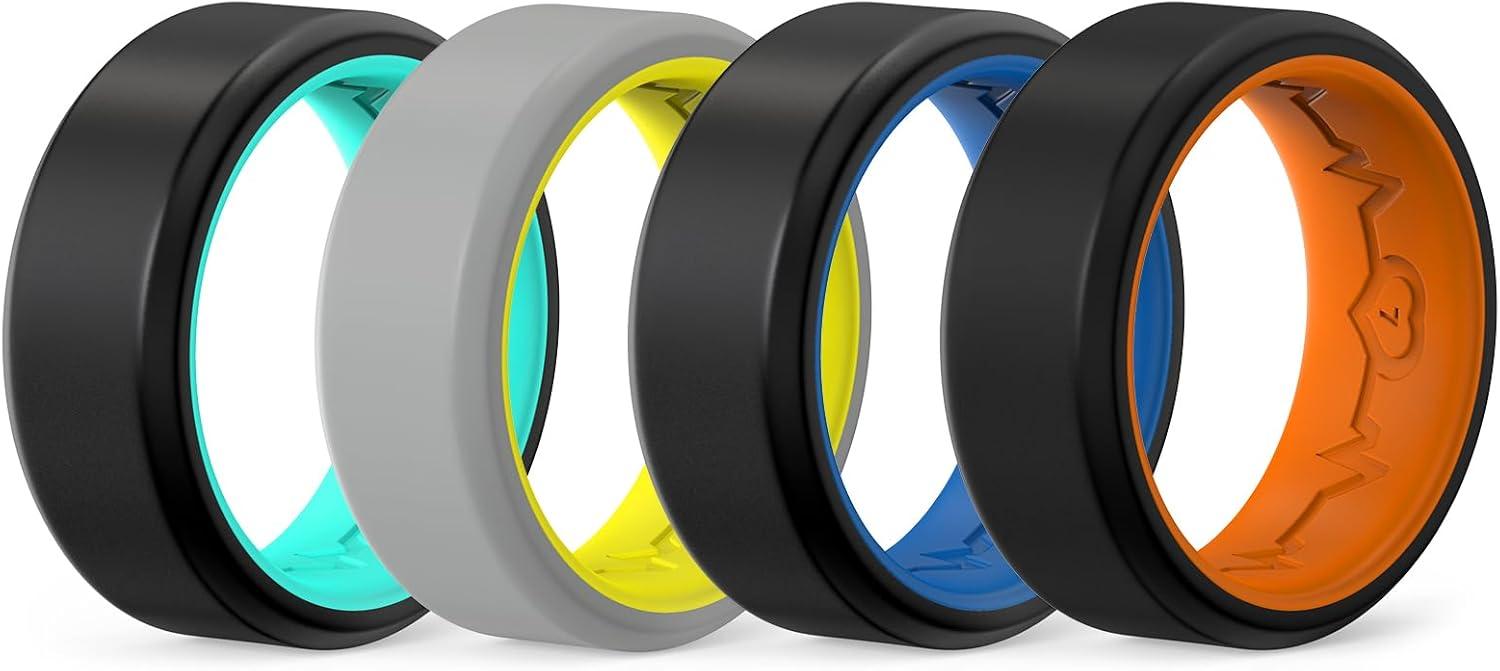 imageKing Will Mens Silicone Wedding Bands 8mm Comfort Fit with Unique Inner Groove Design Rubber Engagement Rings for Daily Wear and Activities 14 Variety MultipackBlackBlue BlackOrange BlackMint Blue GreyYellow
