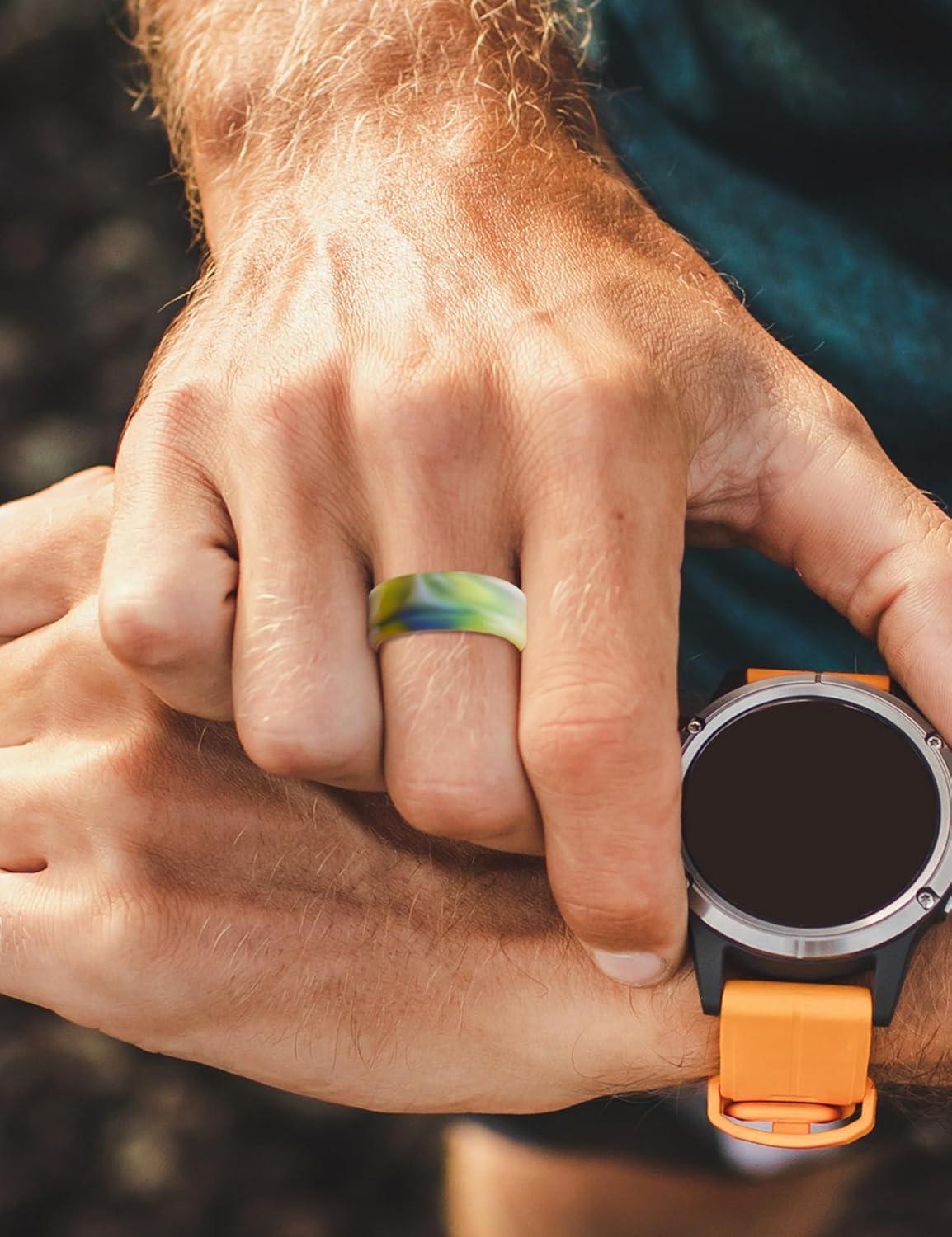 imageKing Will Mens Silicone Wedding Bands 8mm Comfort Fit with Unique Inner Groove Design Rubber Engagement Rings for Daily Wear and Activities 14 Variety MultipackGreen Camo