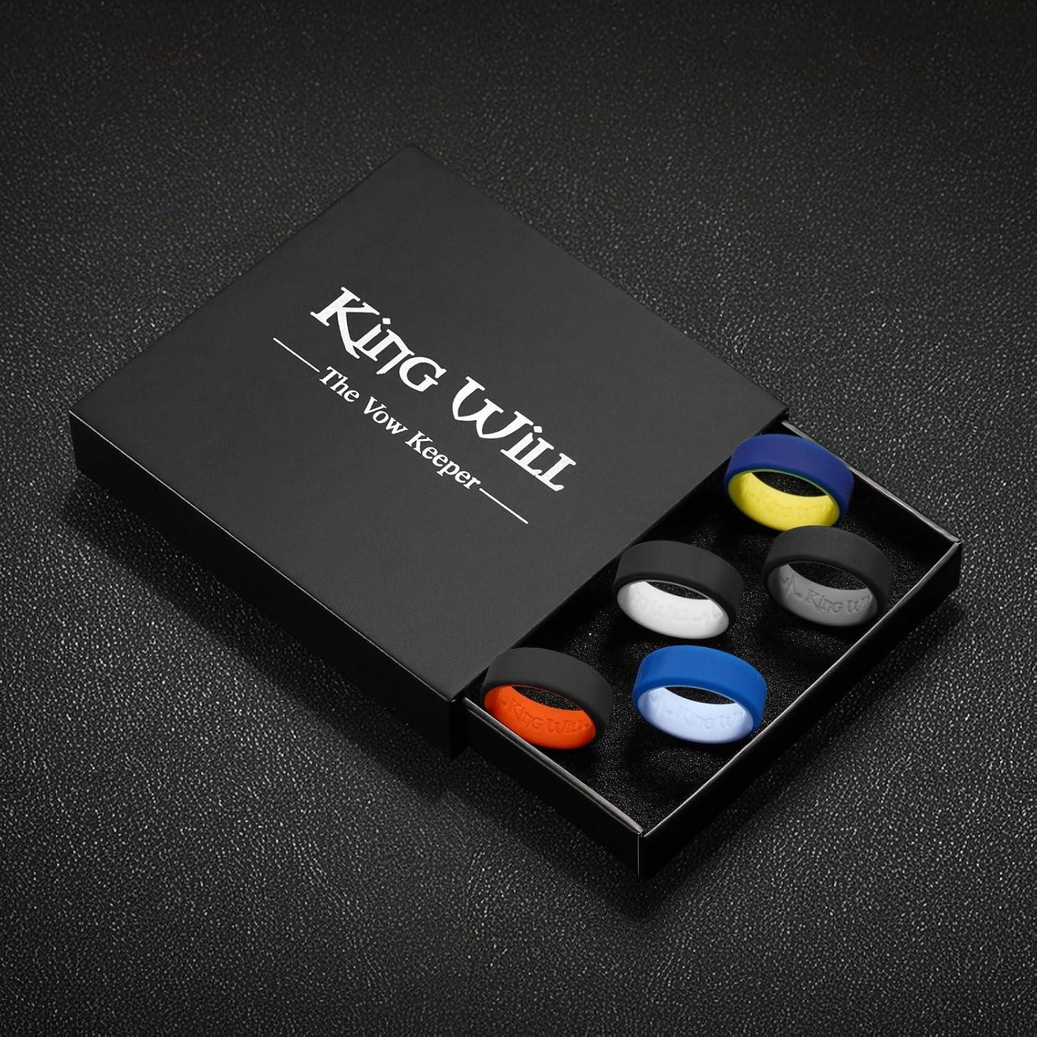 imageKing Will Mens Silicone Wedding Bands 8mm Comfort Fit with Unique Inner Groove Design Rubber Engagement Rings for Daily Wear and Activities 14 Variety MultipackDeep BlueYellow BlueLight Blue BlackGray BlackOrange BlackWhite