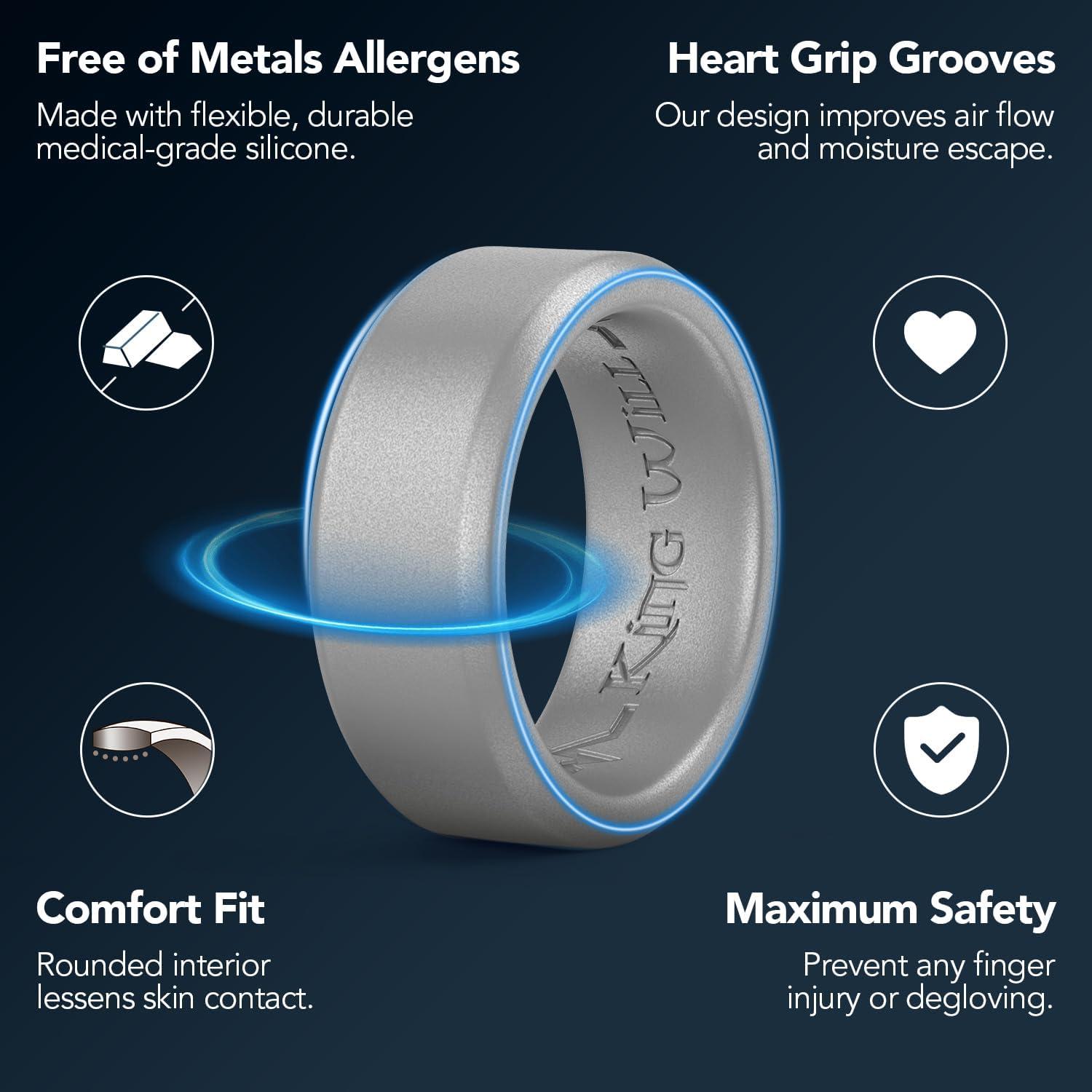 imageKing Will Mens Silicone Wedding Bands 8mm Comfort Fit with Unique Inner Groove Design Rubber Engagement Rings for Daily Wear and Activities 14 Variety MultipackMetallic Steel