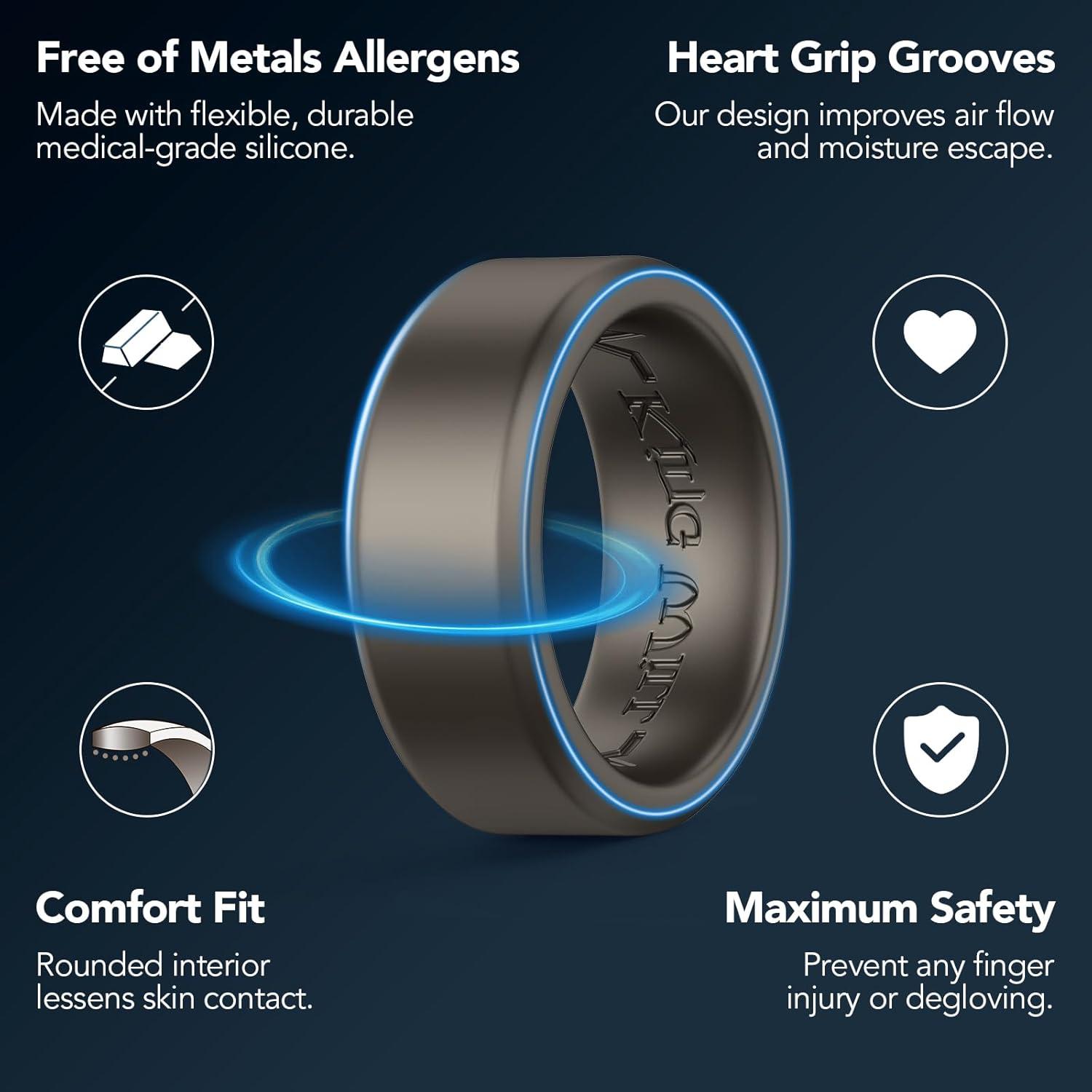 imageKing Will Mens Silicone Wedding Bands 8mm Comfort Fit with Unique Inner Groove Design Rubber Engagement Rings for Daily Wear and Activities 14 Variety MultipackMetallic Platinum