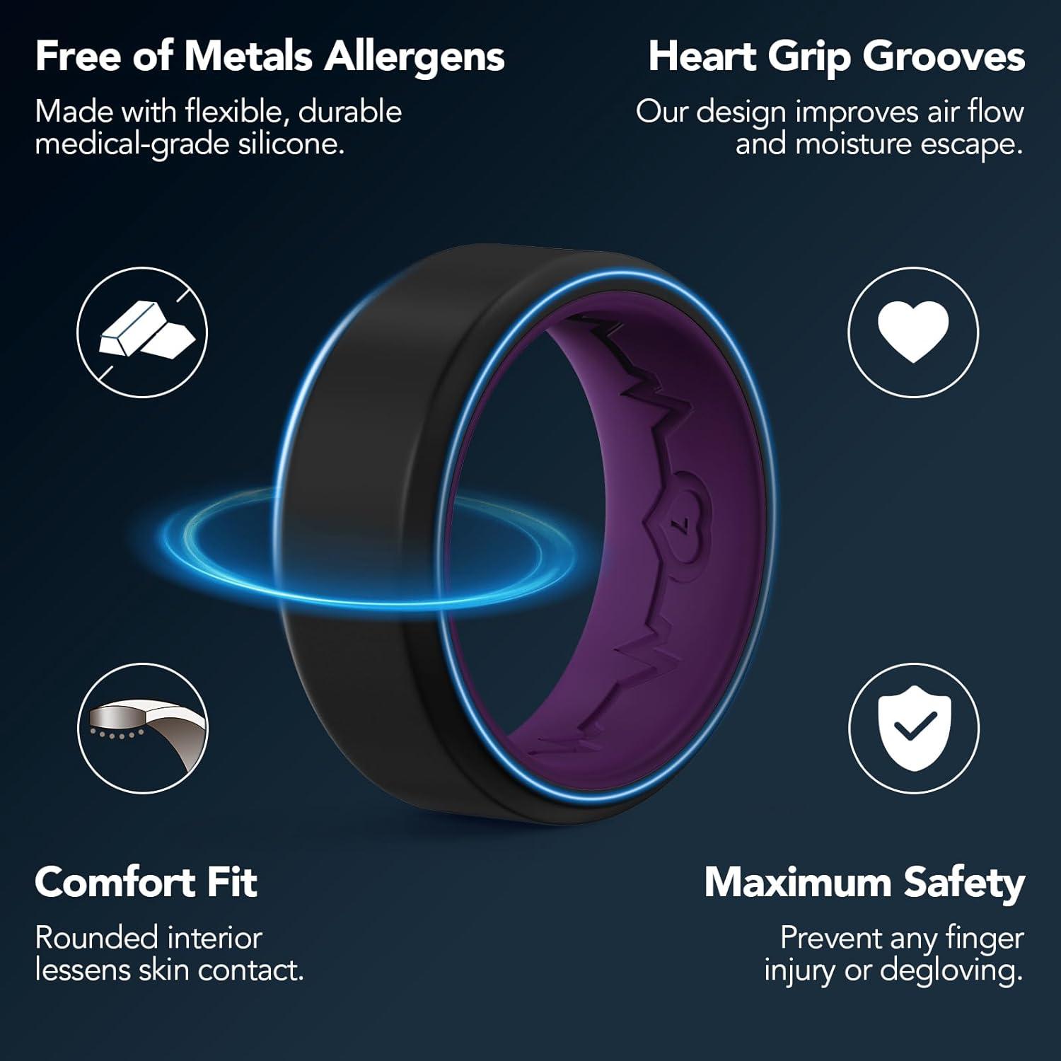 imageKing Will Mens Silicone Wedding Bands 8mm Comfort Fit with Unique Inner Groove Design Rubber Engagement Rings for Daily Wear and Activities 14 Variety MultipackBlack Purple