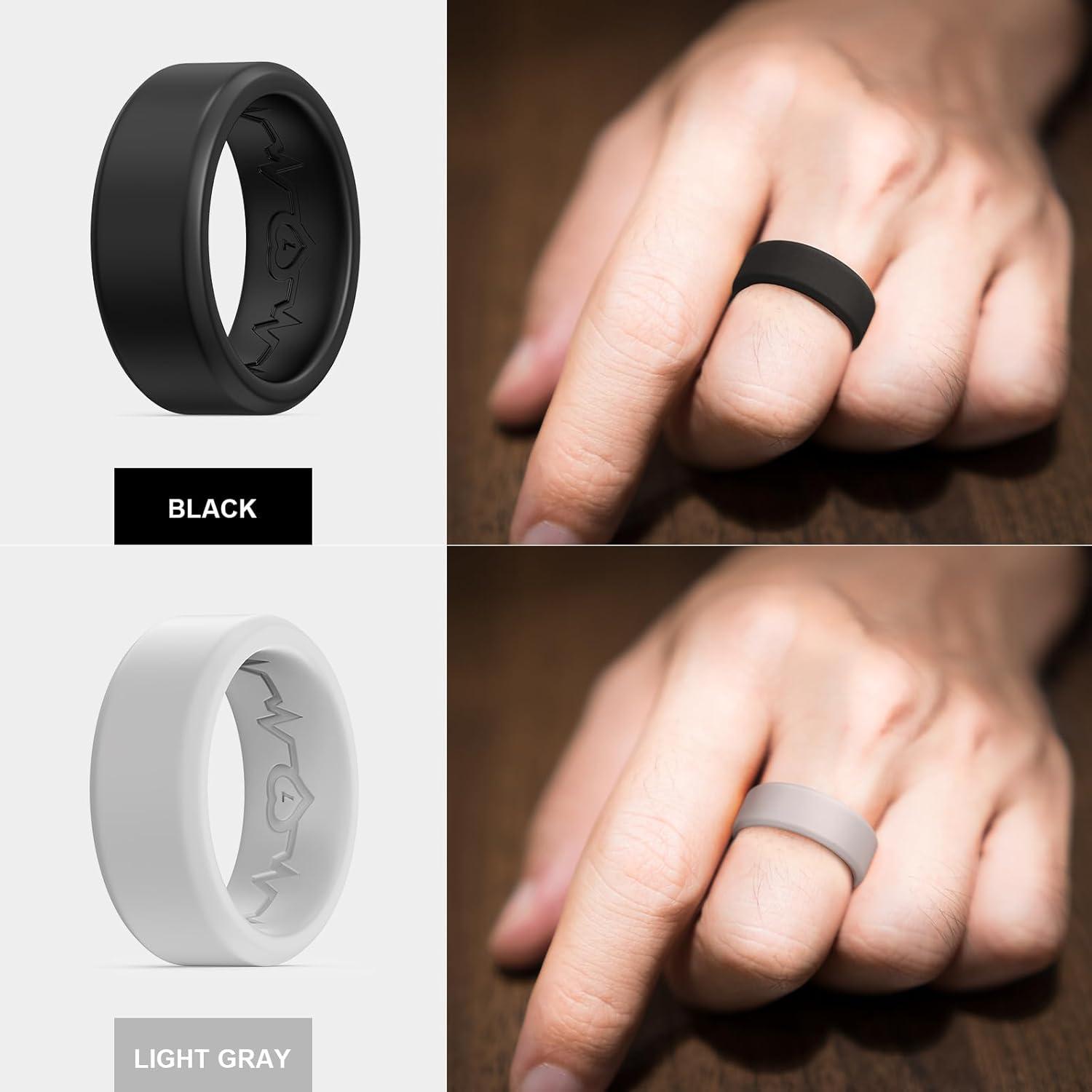 imageKing Will Mens Silicone Wedding Bands 8mm Comfort Fit with Unique Inner Groove Design Rubber Engagement Rings for Daily Wear and Activities 14 Variety MultipackBlack Light Gray Red Blue
