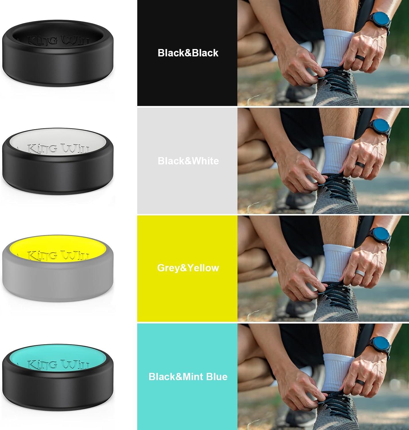 imageKing Will Mens Silicone Wedding Bands 8mm Comfort Fit with Unique Inner Groove Design Rubber Engagement Rings for Daily Wear and Activities 14 Variety MultipackGreyYellow BlackMint Blue BlackWhite BlackBlack