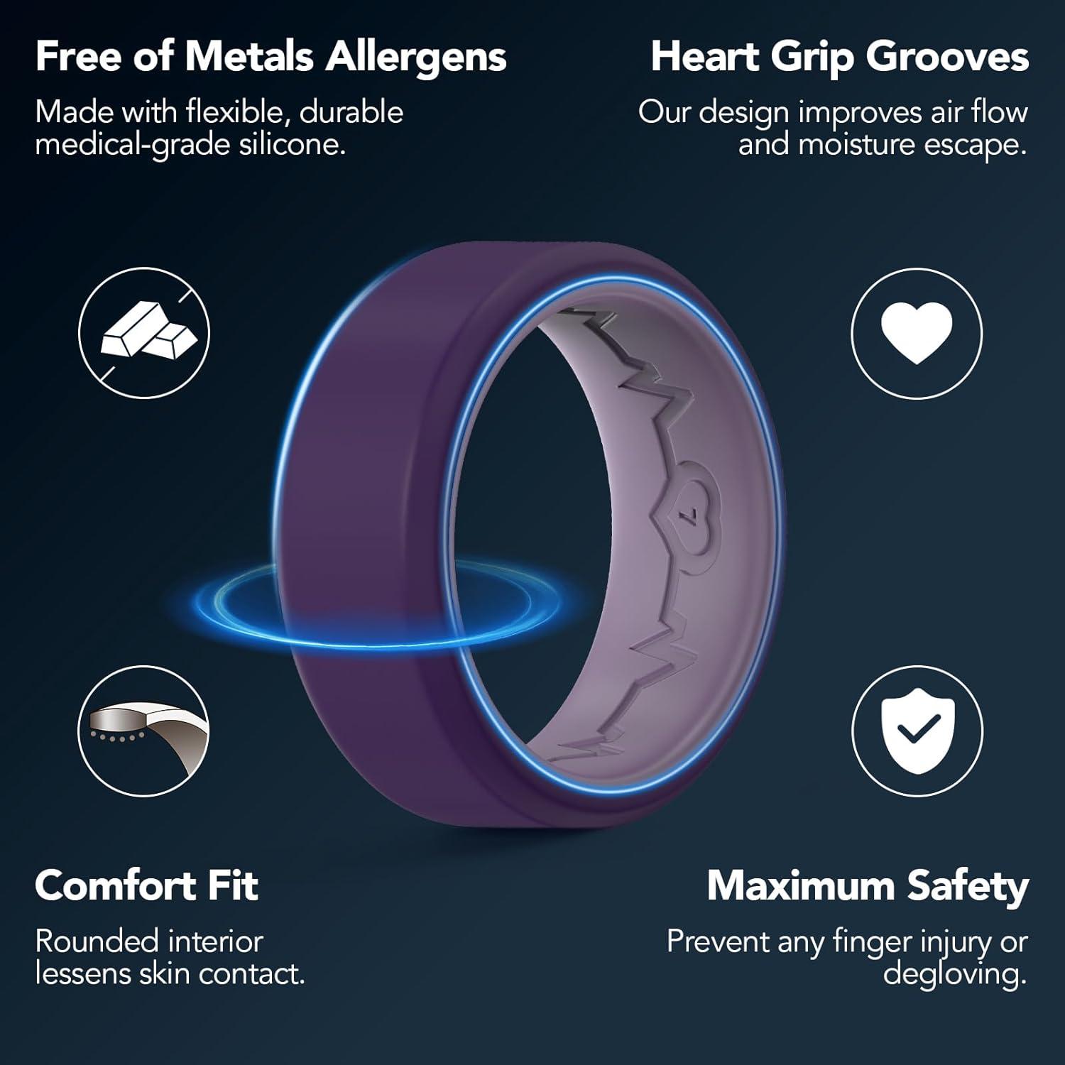 imageKing Will Mens Silicone Wedding Bands 8mm Comfort Fit with Unique Inner Groove Design Rubber Engagement Rings for Daily Wear and Activities 14 Variety MultipackTwoTone Purple