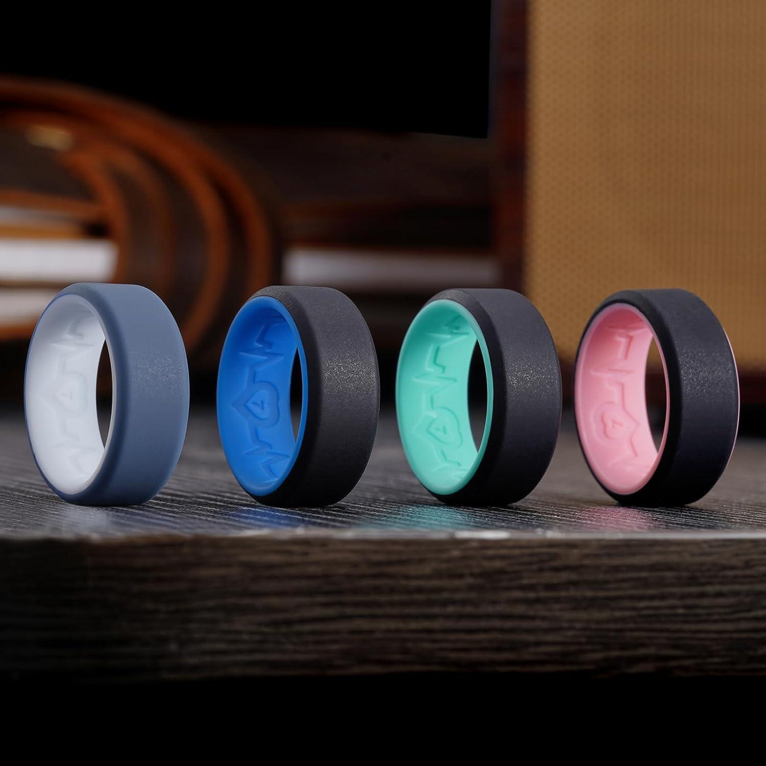 imageKing Will Mens Silicone Wedding Bands 8mm Comfort Fit with Unique Inner Groove Design Rubber Engagement Rings for Daily Wear and Activities 14 Variety MultipackBlackBlue BlackMint Blue BlueWhite BlackPink