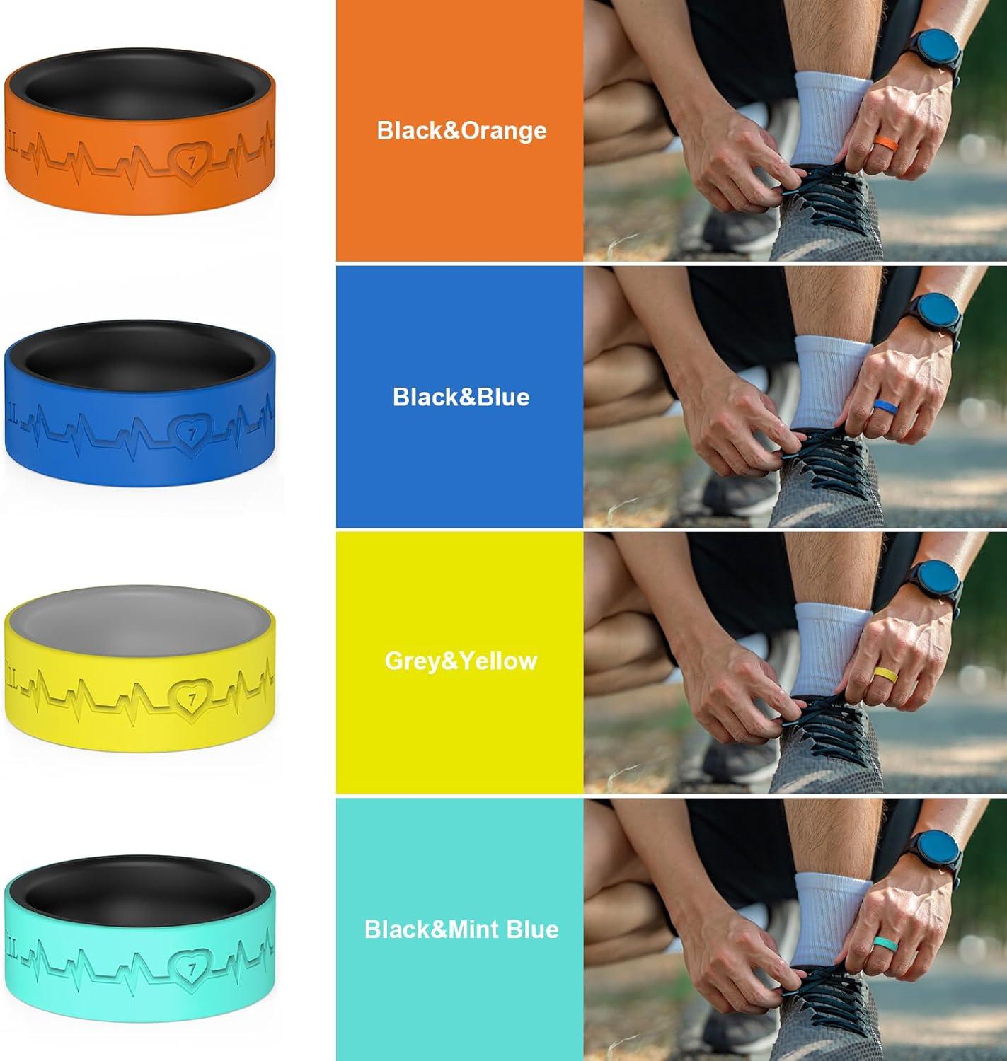 imageKing Will Mens Silicone Wedding Bands 8mm Comfort Fit with Unique Inner Groove Design Rubber Engagement Rings for Daily Wear and Activities 14 Variety MultipackBlackBlue BlackOrange BlackMint Blue GreyYellow