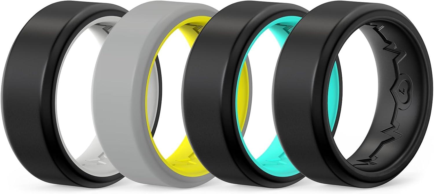 imageKing Will Mens Silicone Wedding Bands 8mm Comfort Fit with Unique Inner Groove Design Rubber Engagement Rings for Daily Wear and Activities 14 Variety MultipackGreyYellow BlackMint Blue BlackWhite BlackBlack