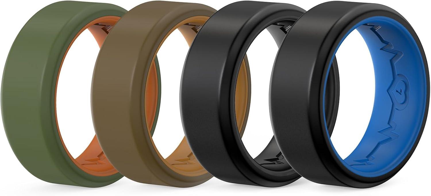 imageKing Will Mens Silicone Wedding Bands 8mm Comfort Fit with Unique Inner Groove Design Rubber Engagement Rings for Daily Wear and Activities 14 Variety MultipackBlackBlack BlackBlue BrownCoffee GreenOrange