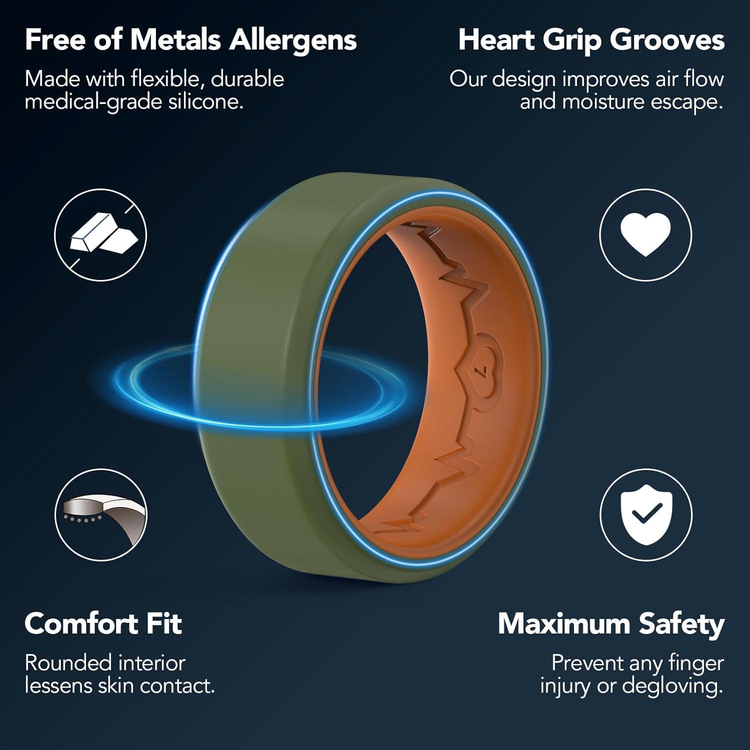 imageKing Will Mens Silicone Wedding Bands 8mm Comfort Fit with Unique Inner Groove Design Rubber Engagement Rings for Daily Wear and Activities 14 Variety MultipackGreenOrange