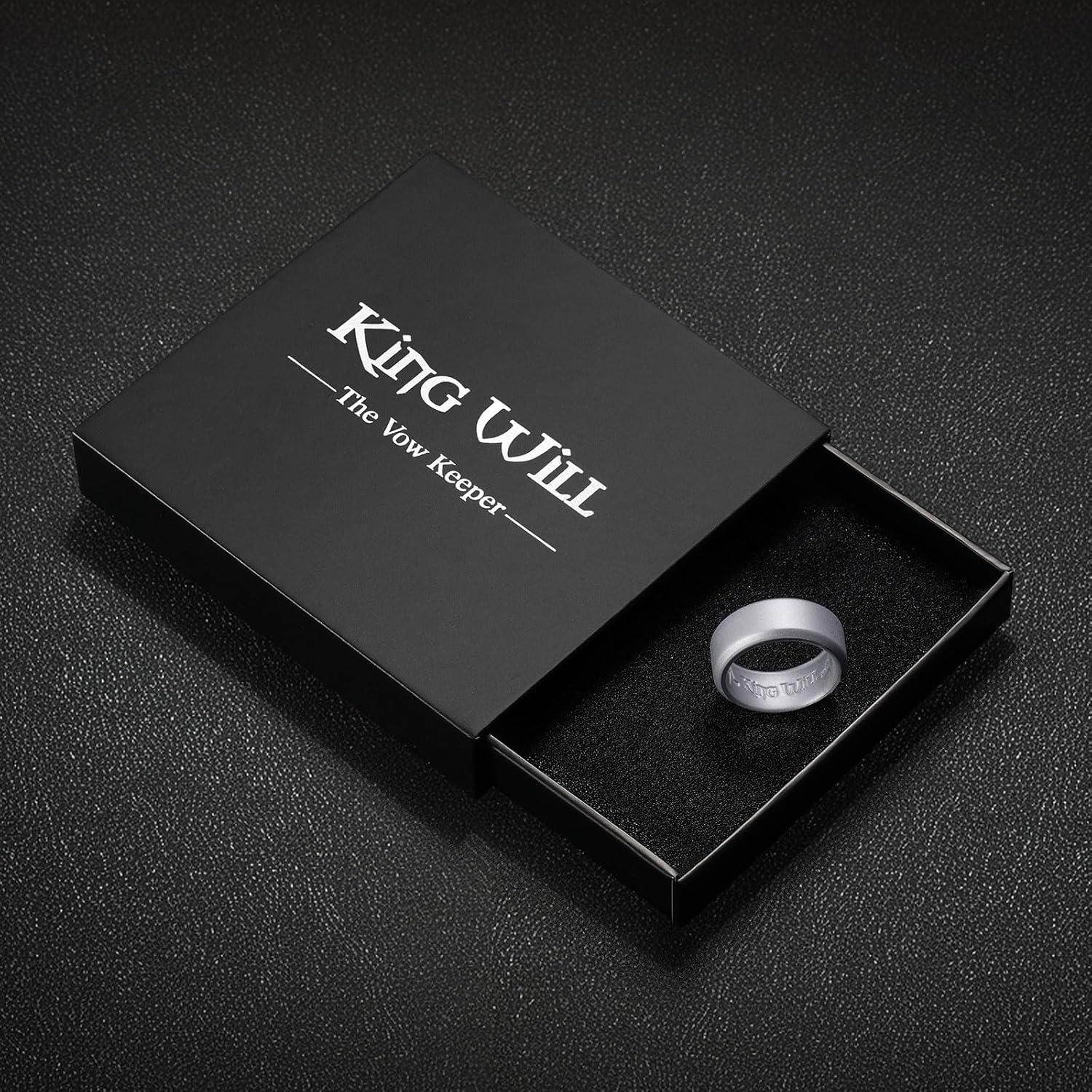 imageKing Will Mens Silicone Wedding Bands 8mm Wide 22mm Thick Comfort Fit with Unique Inner Groove Design Rubber Engagement Rings for Daily Wear and Activities Metallic Silver Size 713Metallic Silver