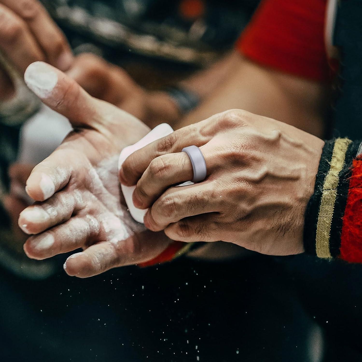 imageKing Will Mens Silicone Wedding Bands 8mm Wide 22mm Thick Comfort Fit with Unique Inner Groove Design Rubber Engagement Rings for Daily Wear and Activities Metallic Silver Size 713Metallic Silver