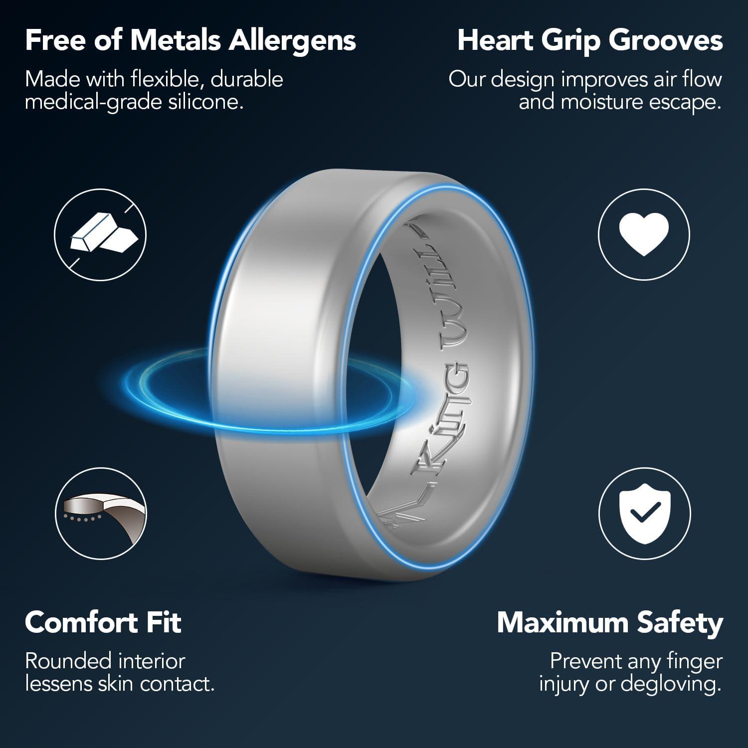 imageKing Will Mens Silicone Wedding Bands 8mm Wide 22mm Thick Comfort Fit with Unique Inner Groove Design Rubber Engagement Rings for Daily Wear and Activities Metallic Silver Size 713Metallic Silver