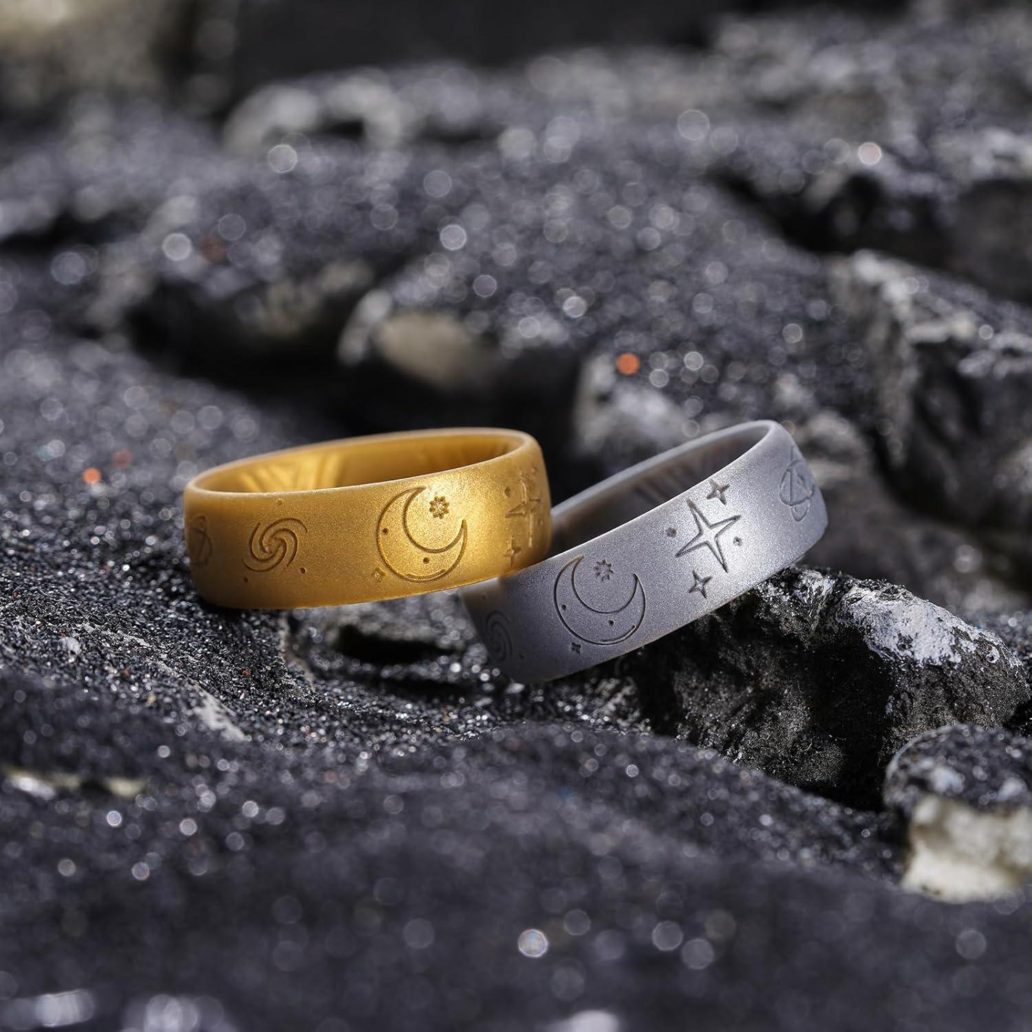 imageKing Will Mens Silicone Wedding Rings Star ampamp Moon Unisex Rubber Wedding BandsGoldMetallic Dark Gray