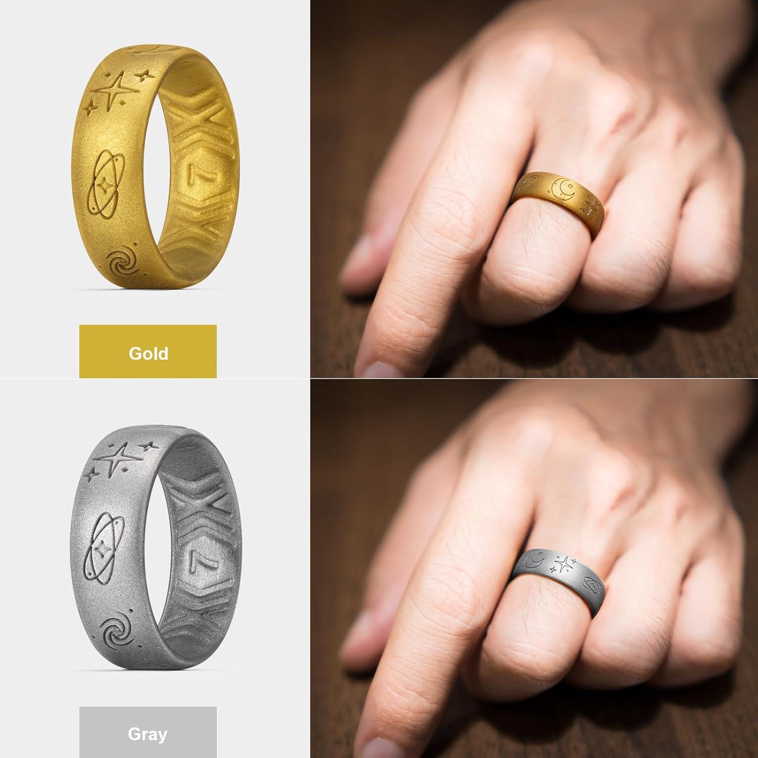 imageKing Will Mens Silicone Wedding Rings Star ampamp Moon Unisex Rubber Wedding BandsGoldMetallic Dark Gray