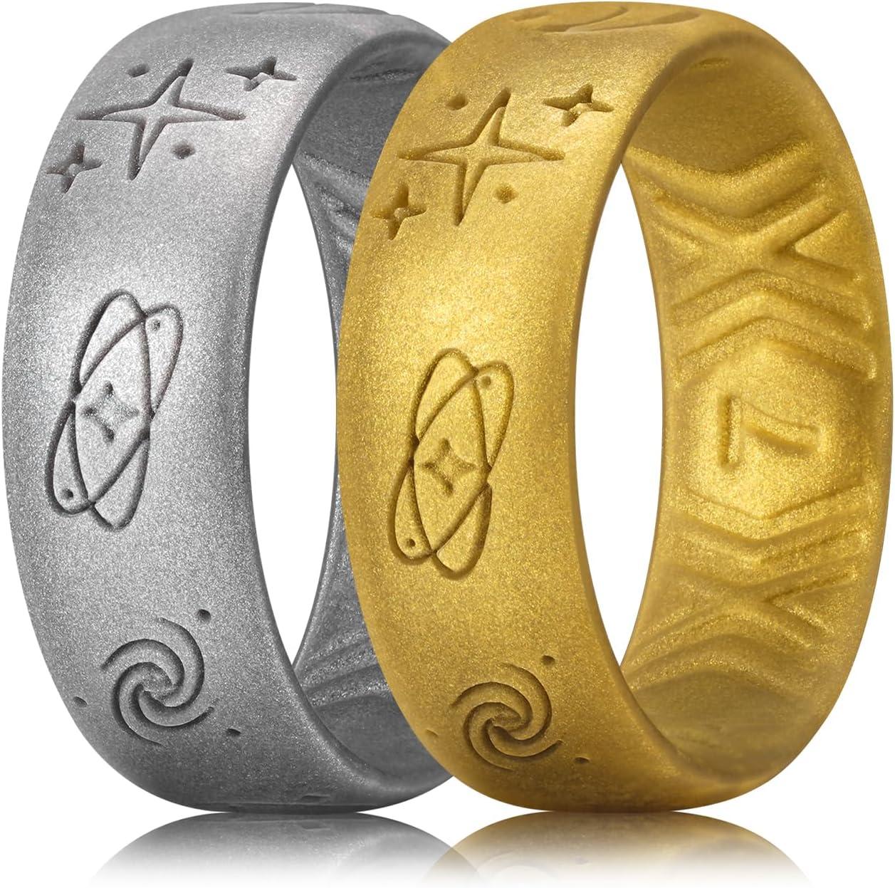 imageKing Will Mens Silicone Wedding Rings Star ampamp Moon Unisex Rubber Wedding BandsGoldMetallic Dark Gray