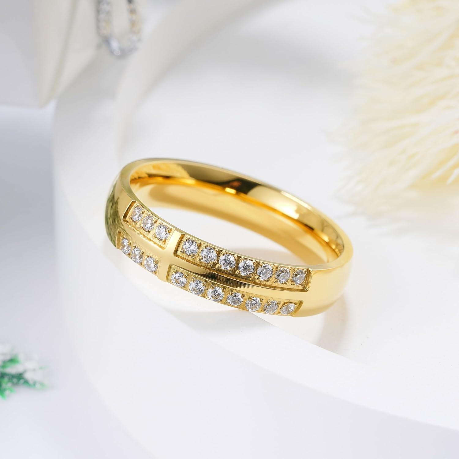 imageKing Will Mens Titanium Wedding Band 8mm Polished Band with Step Edges and Cross Design Featuring White Zirconia Insets Comfort Fit Size 714GoldWhite5mm