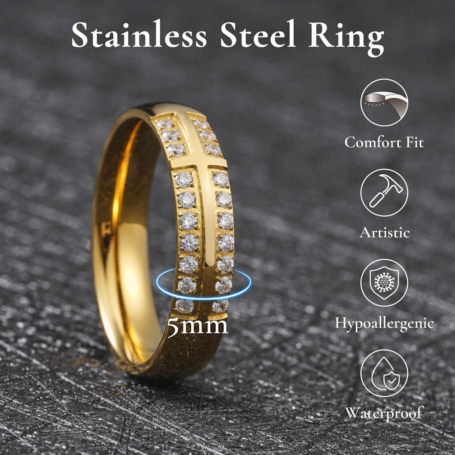 imageKing Will Mens Titanium Wedding Band 8mm Polished Band with Step Edges and Cross Design Featuring White Zirconia Insets Comfort Fit Size 714GoldWhite5mm