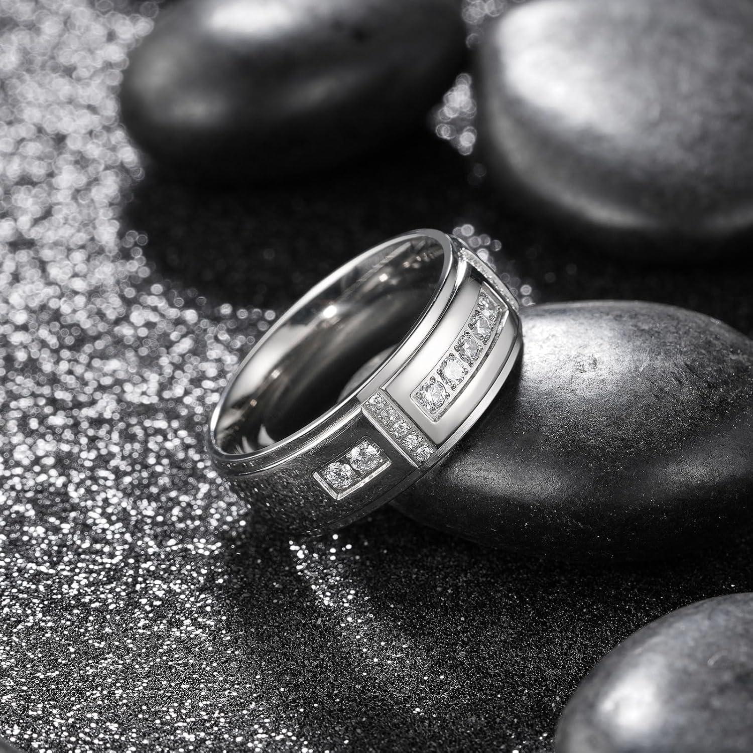 imageKing Will Mens Titanium Wedding Band 8mm Polished Band with Step Edges and Cross Design Featuring White Zirconia Insets Comfort Fit Size 714SilverWhite8mm