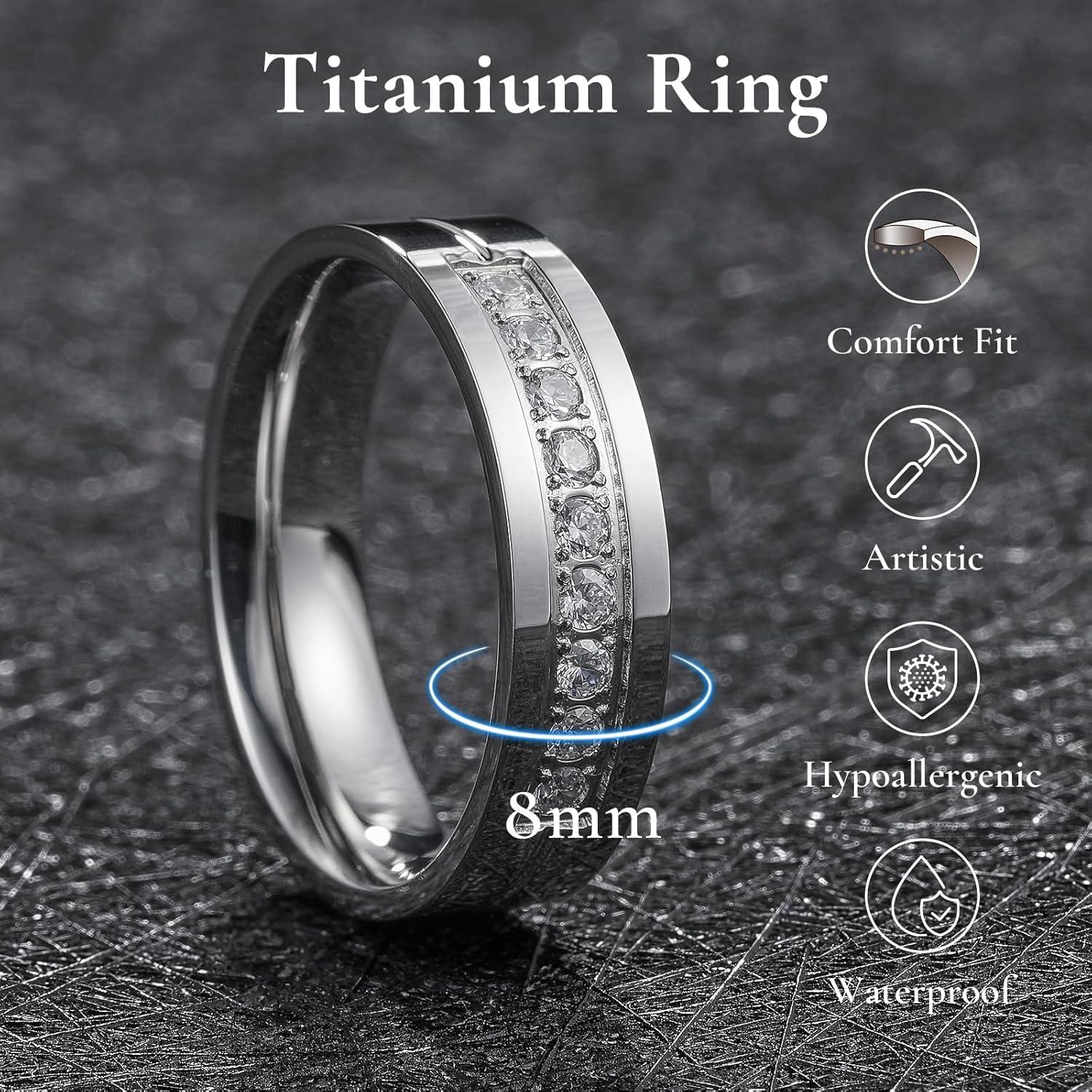 imageKing Will Mens Titanium Wedding Band 8mm Polished Band with Step Edges and Cross Design Featuring White Zirconia Insets Comfort Fit Size 714SilverWhite6mmB