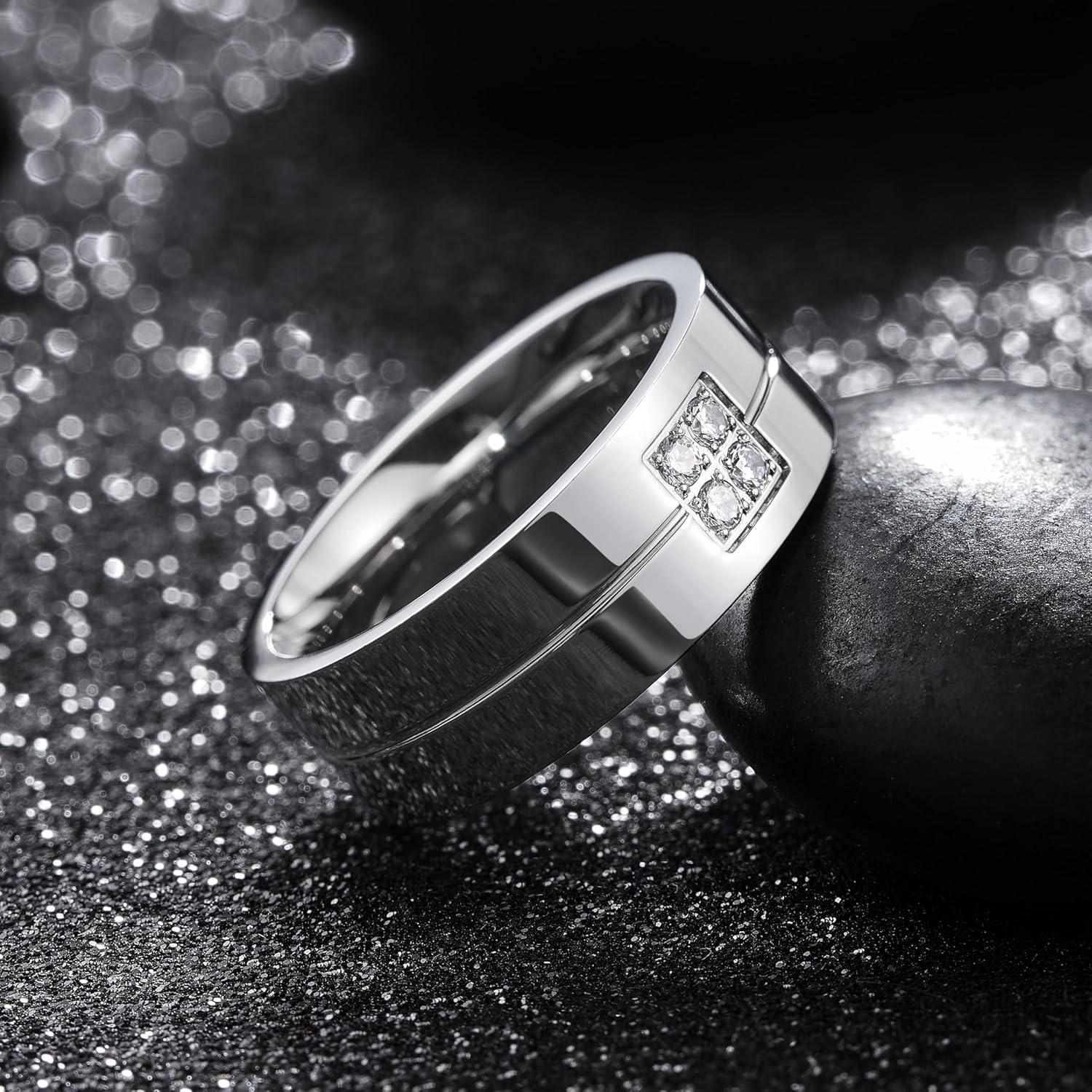 imageKing Will Mens Titanium Wedding Band 8mm Polished Band with Step Edges and Cross Design Featuring White Zirconia Insets Comfort Fit Size 714SilverWhite8mmB