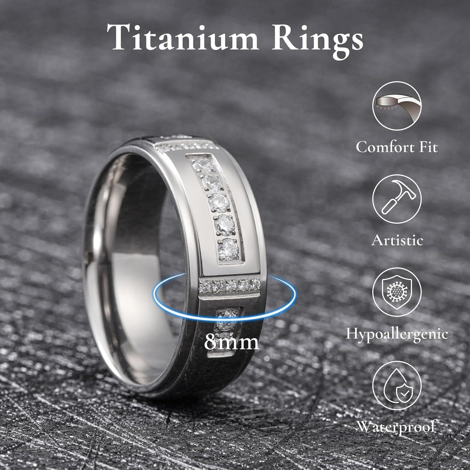 imageKing Will Mens Titanium Wedding Band 8mm Polished Band with Step Edges and Cross Design Featuring White Zirconia Insets Comfort Fit Size 714SilverWhite8mm
