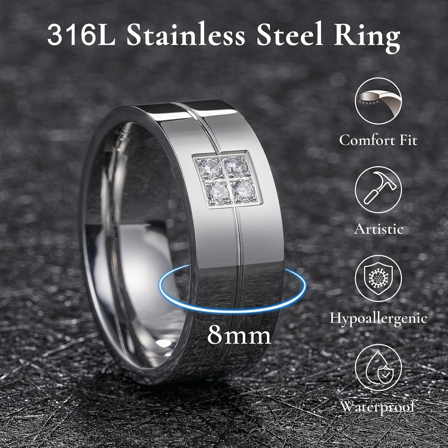 imageKing Will Mens Titanium Wedding Band 8mm Polished Band with Step Edges and Cross Design Featuring White Zirconia Insets Comfort Fit Size 714SilverWhite8mmB