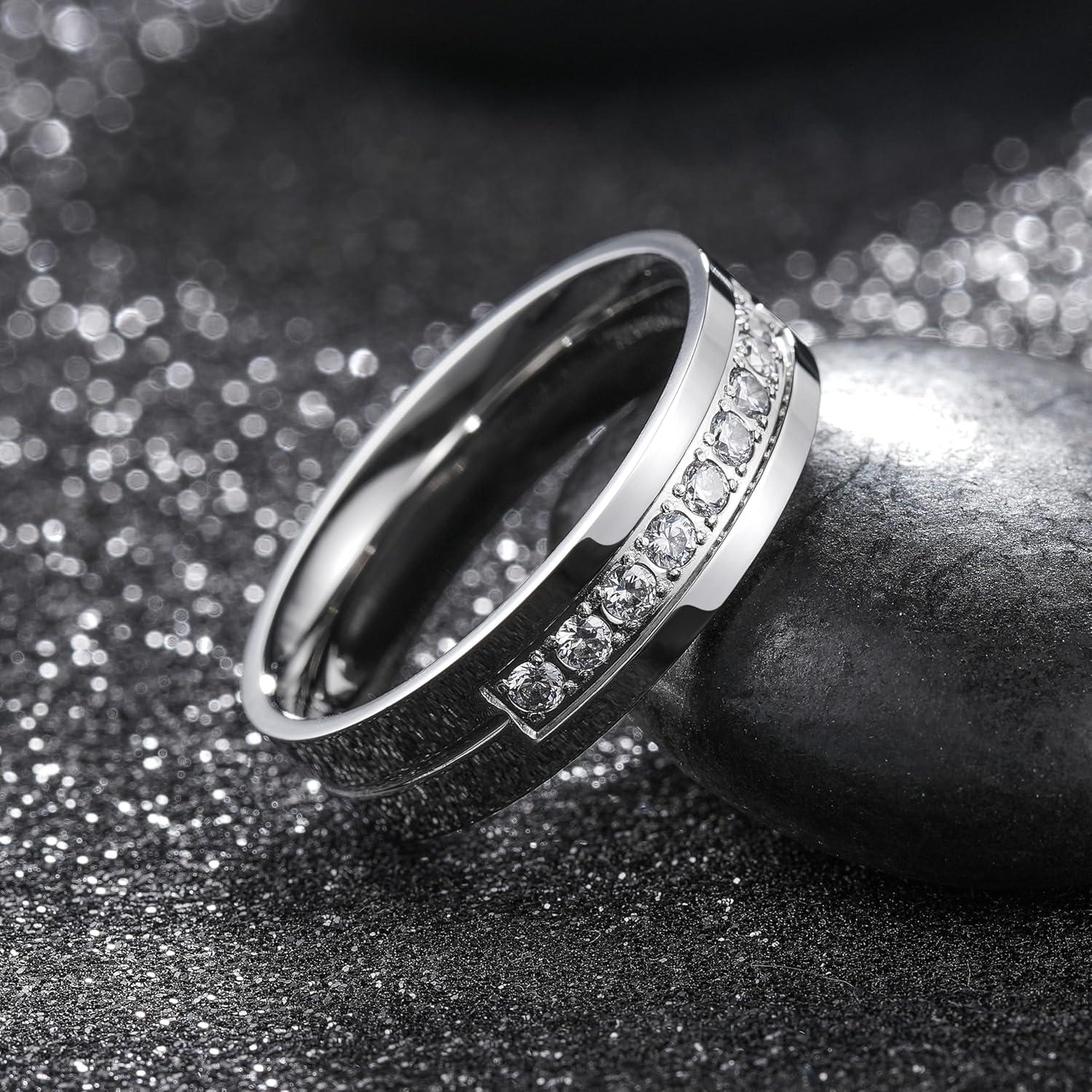 imageKing Will Mens Titanium Wedding Band 8mm Polished Band with Step Edges and Cross Design Featuring White Zirconia Insets Comfort Fit Size 714SilverWhite6mmB