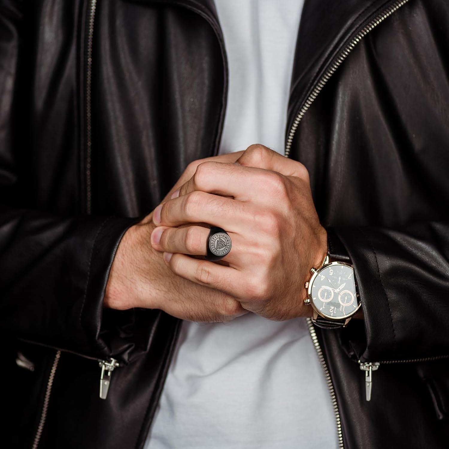 imageKing Will Mens Tungsten Signet Rings Thumb Pinky Biker Band Ring For Men High Polished Plain Wedding Statement Ring Comfort Fit Size 712RunesBlack