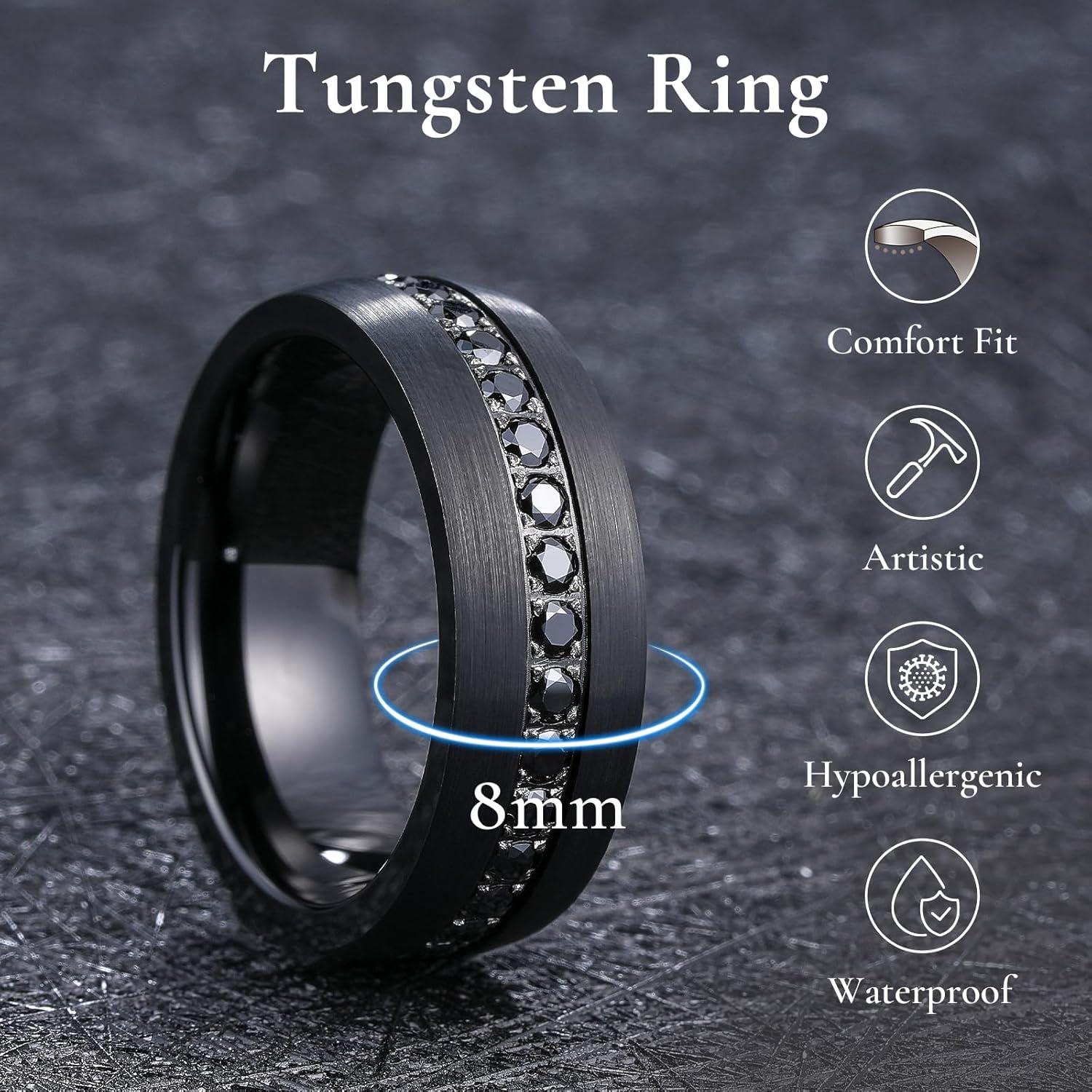 imageKing Will Mens Tungsten Wedding Band with Cubic Zircon Inlay 7mm8mm Flat Cut Comfort Fit Engagement RingsABlack Domed8mm