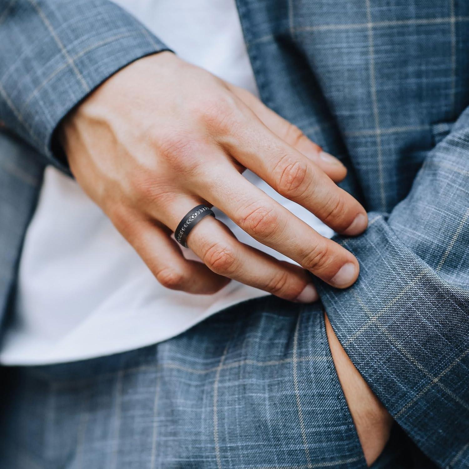 imageKing Will Mens Tungsten Wedding Band with Cubic Zircon Inlay 7mm8mm Flat Cut Comfort Fit Engagement RingsABlack Domed8mm