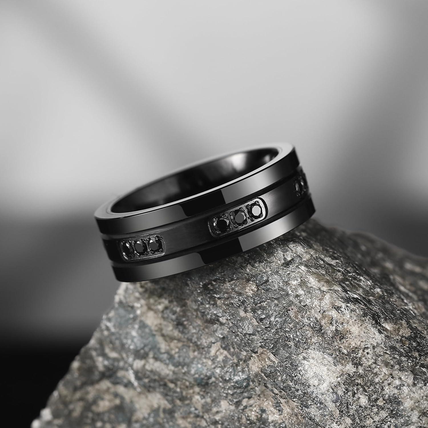 imageKing Will Mens Tungsten Wedding Band with Cubic Zircon Inlay 7mm8mm Flat Cut Comfort Fit Engagement RingsBBlackBlack8mm