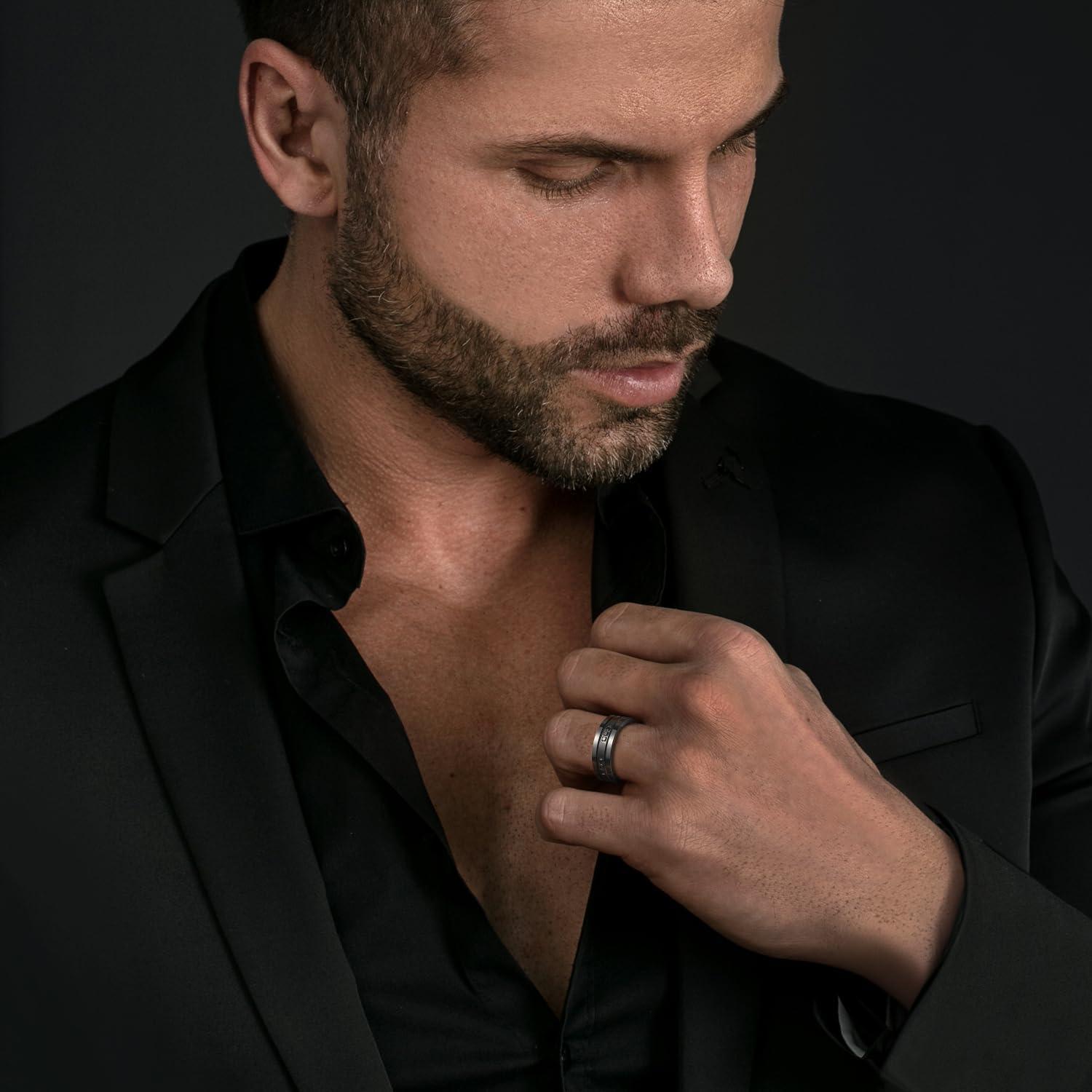 imageKing Will Mens Tungsten Wedding Band with Cubic Zircon Inlay 7mm8mm Flat Cut Comfort Fit Engagement RingsBBlackBlack8mm