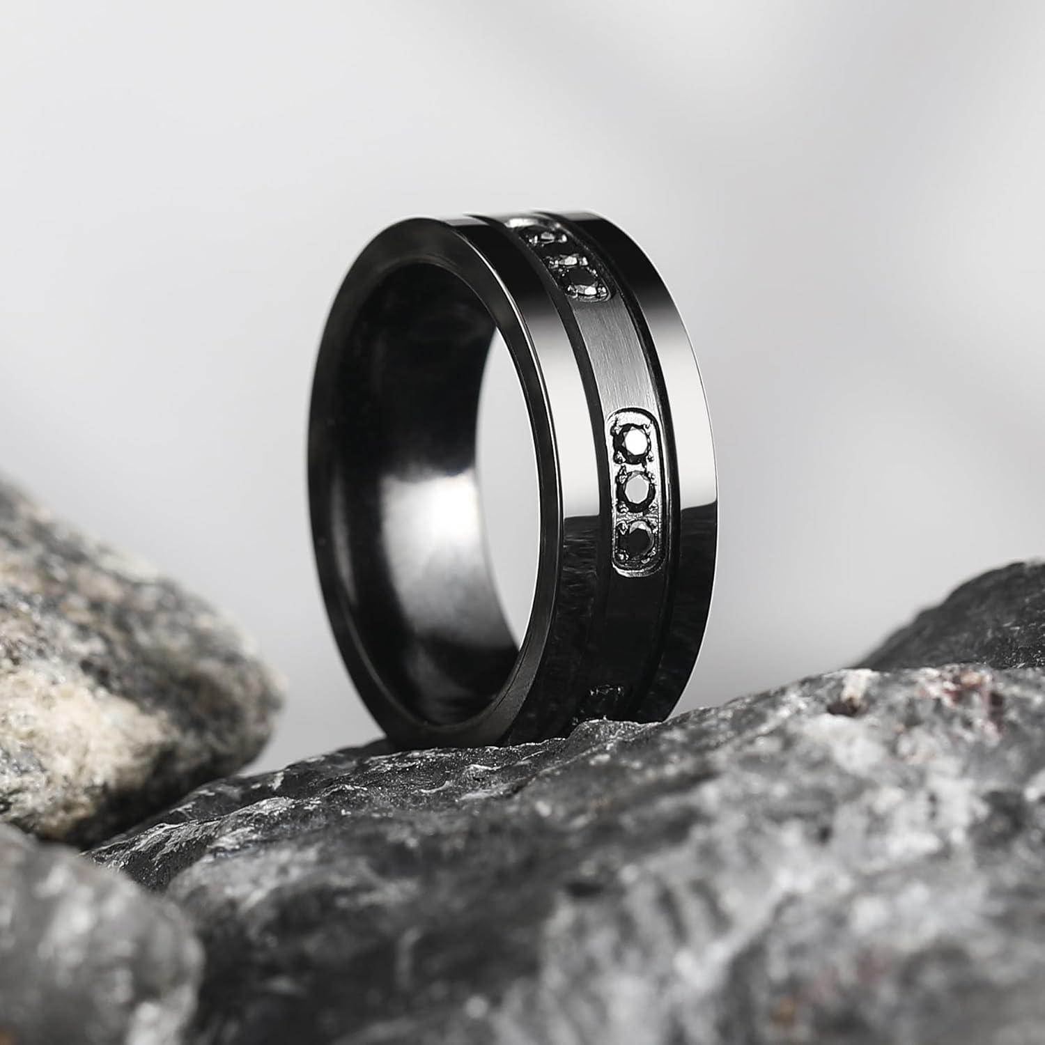 imageKing Will Mens Tungsten Wedding Band with Cubic Zircon Inlay 7mm8mm Flat Cut Comfort Fit Engagement RingsBBlackBlack8mm