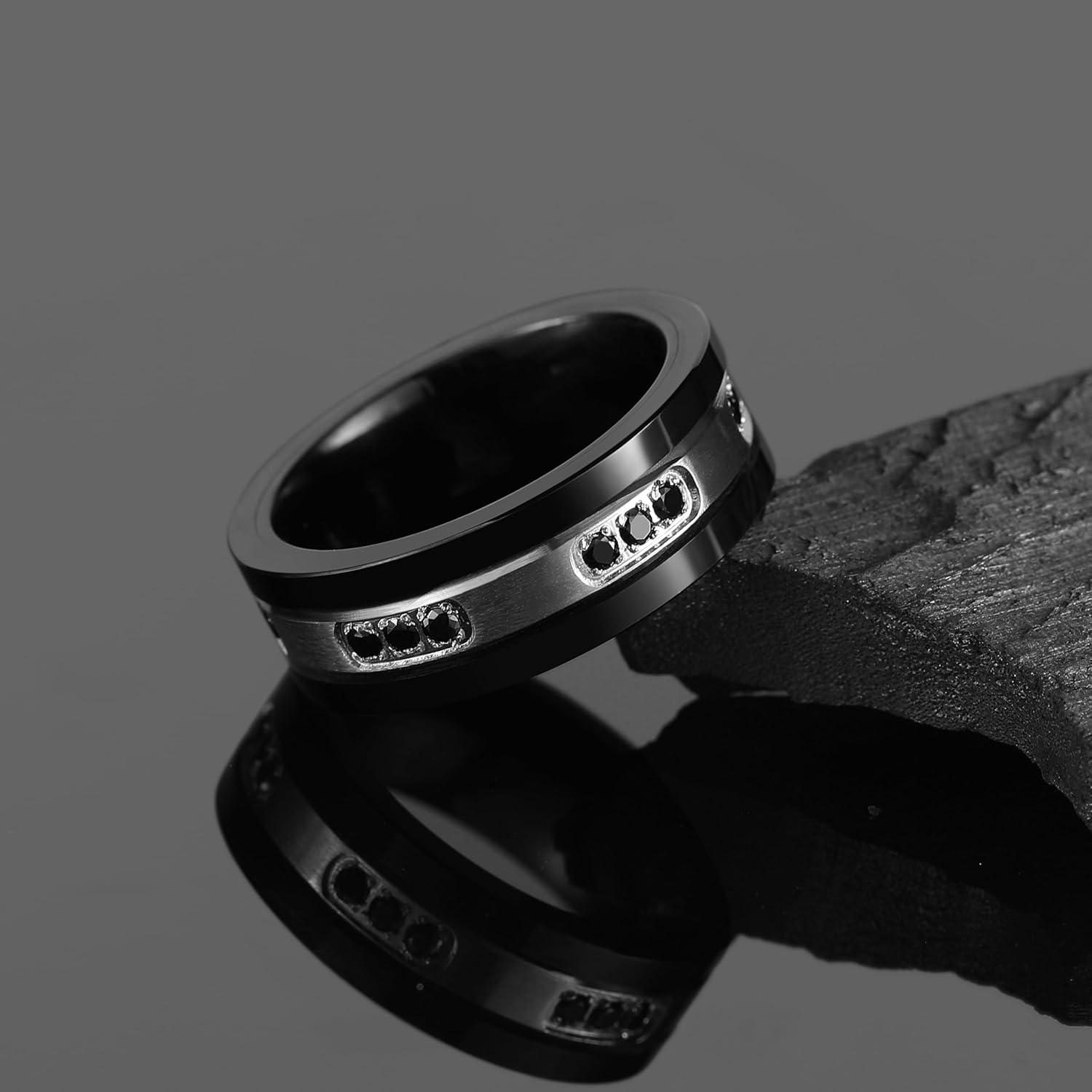 imageKing Will Mens Tungsten Wedding Band with Cubic Zircon Inlay 7mm8mm Flat Cut Comfort Fit Engagement RingsBBlackSilver8mm