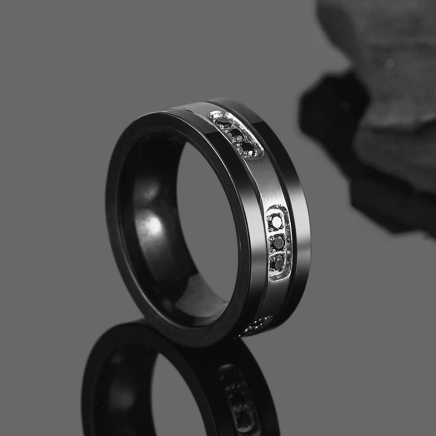 imageKing Will Mens Tungsten Wedding Band with Cubic Zircon Inlay 7mm8mm Flat Cut Comfort Fit Engagement RingsBBlackSilver8mm