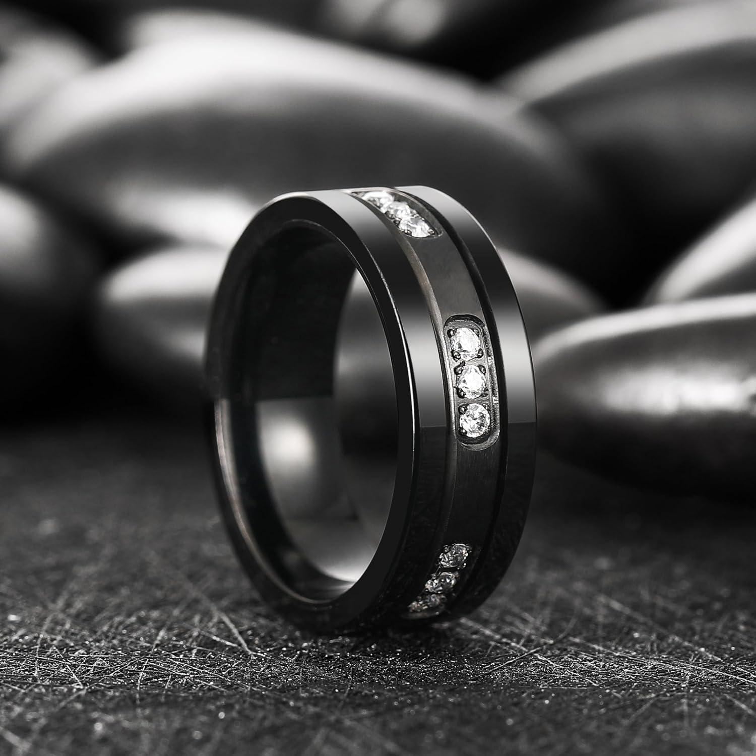 imageKing Will Mens Tungsten Wedding Band with Cubic Zircon Inlay 7mm8mm Flat Cut Comfort Fit Engagement RingsBBlackWhite8mm