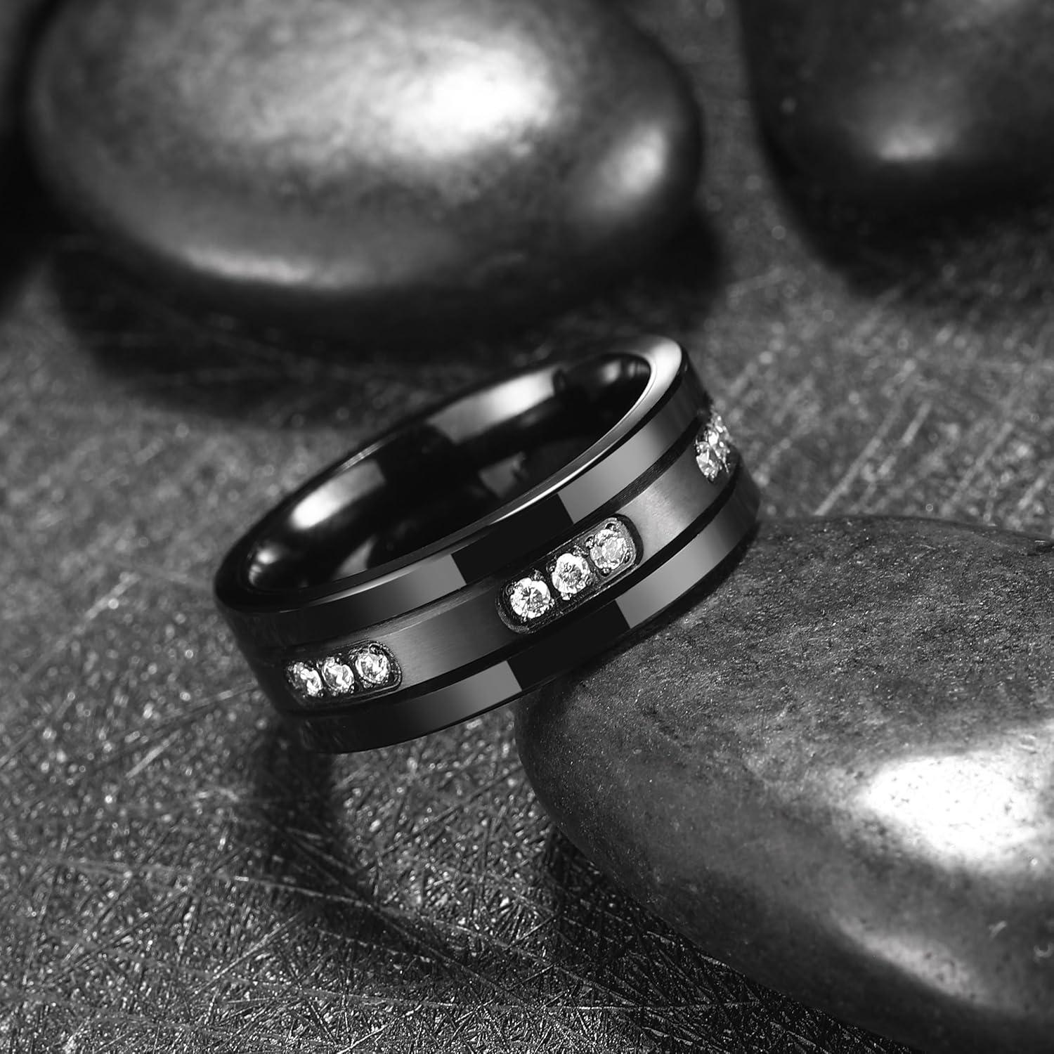 imageKing Will Mens Tungsten Wedding Band with Cubic Zircon Inlay 7mm8mm Flat Cut Comfort Fit Engagement RingsBBlackWhite8mm