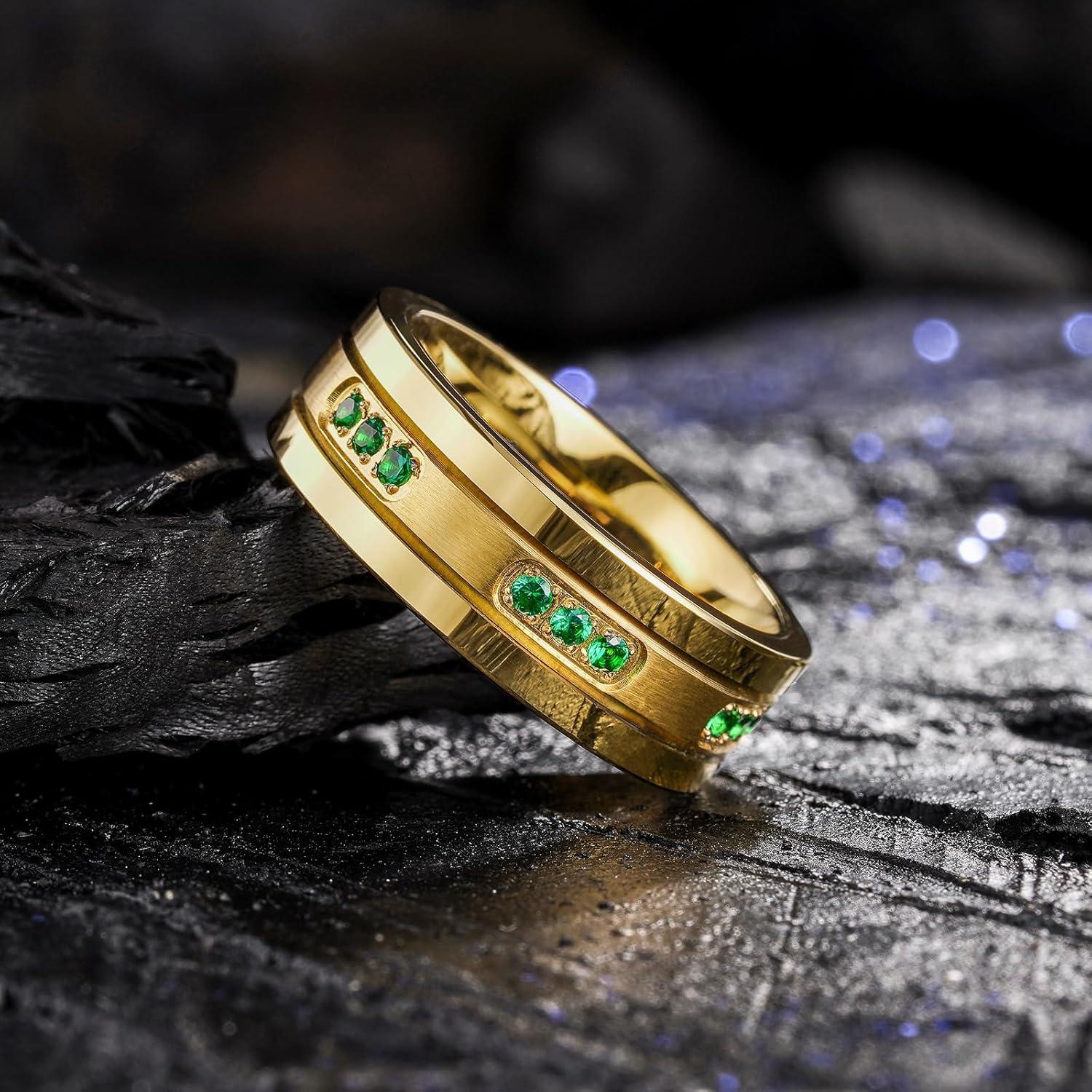 imageKing Will Mens Tungsten Wedding Band with Cubic Zircon Inlay 7mm8mm Flat Cut Comfort Fit Engagement RingsBGoldGreen8mm