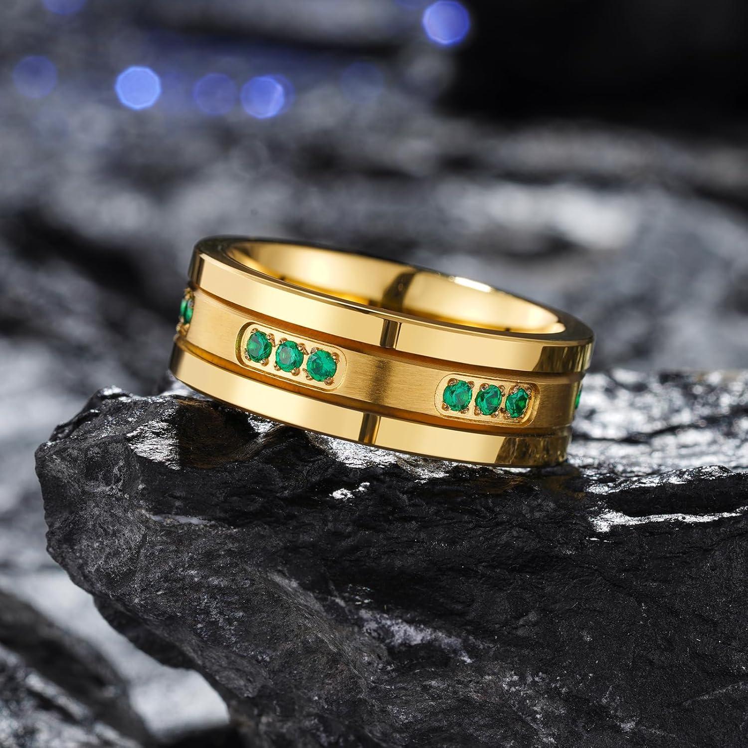 imageKing Will Mens Tungsten Wedding Band with Cubic Zircon Inlay 7mm8mm Flat Cut Comfort Fit Engagement RingsBGoldGreen8mm