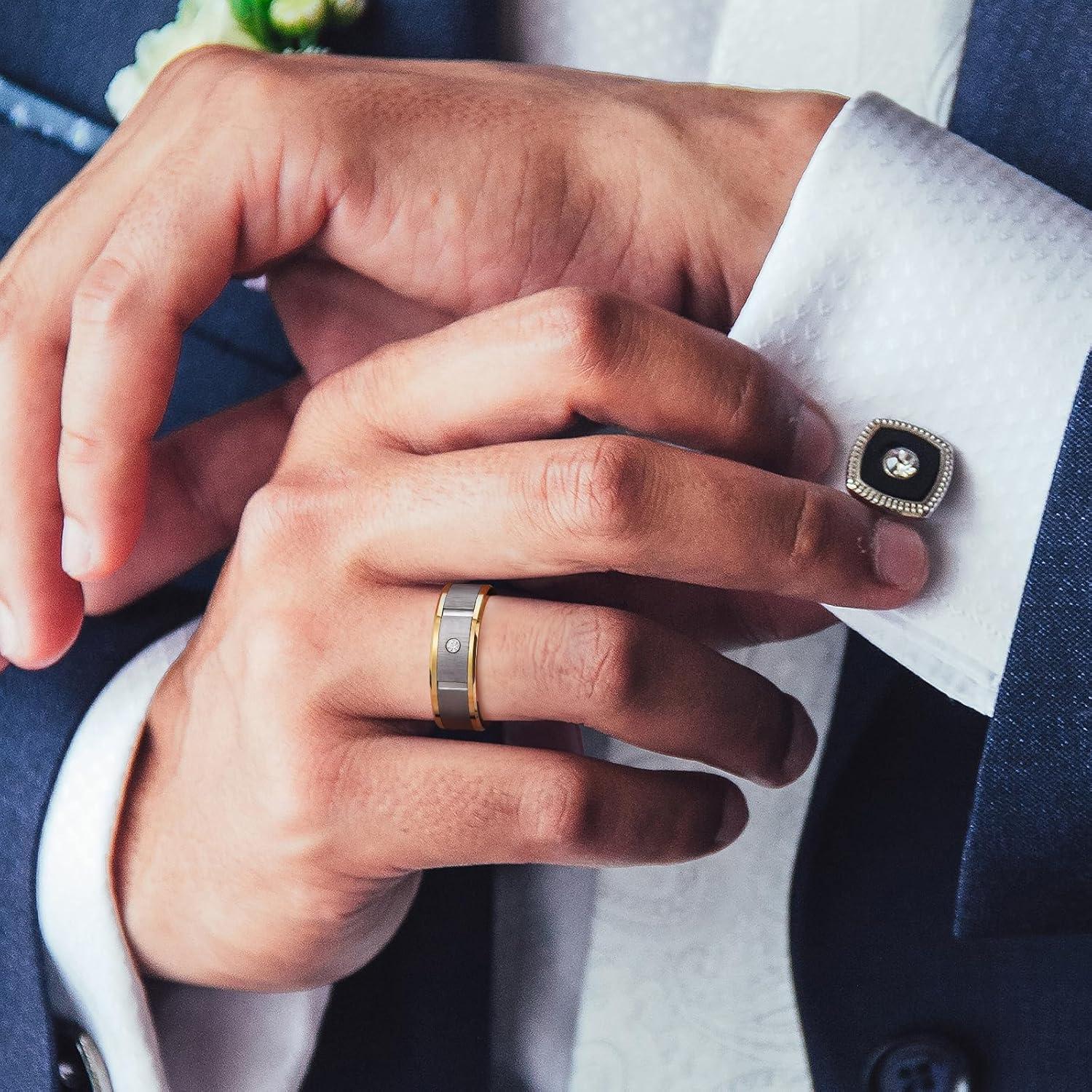 imageKing Will Mens Tungsten Wedding Band with Cubic Zircon Inlay 7mm8mm Flat Cut Comfort Fit Engagement RingsBGunmetalGold Inlay8mm