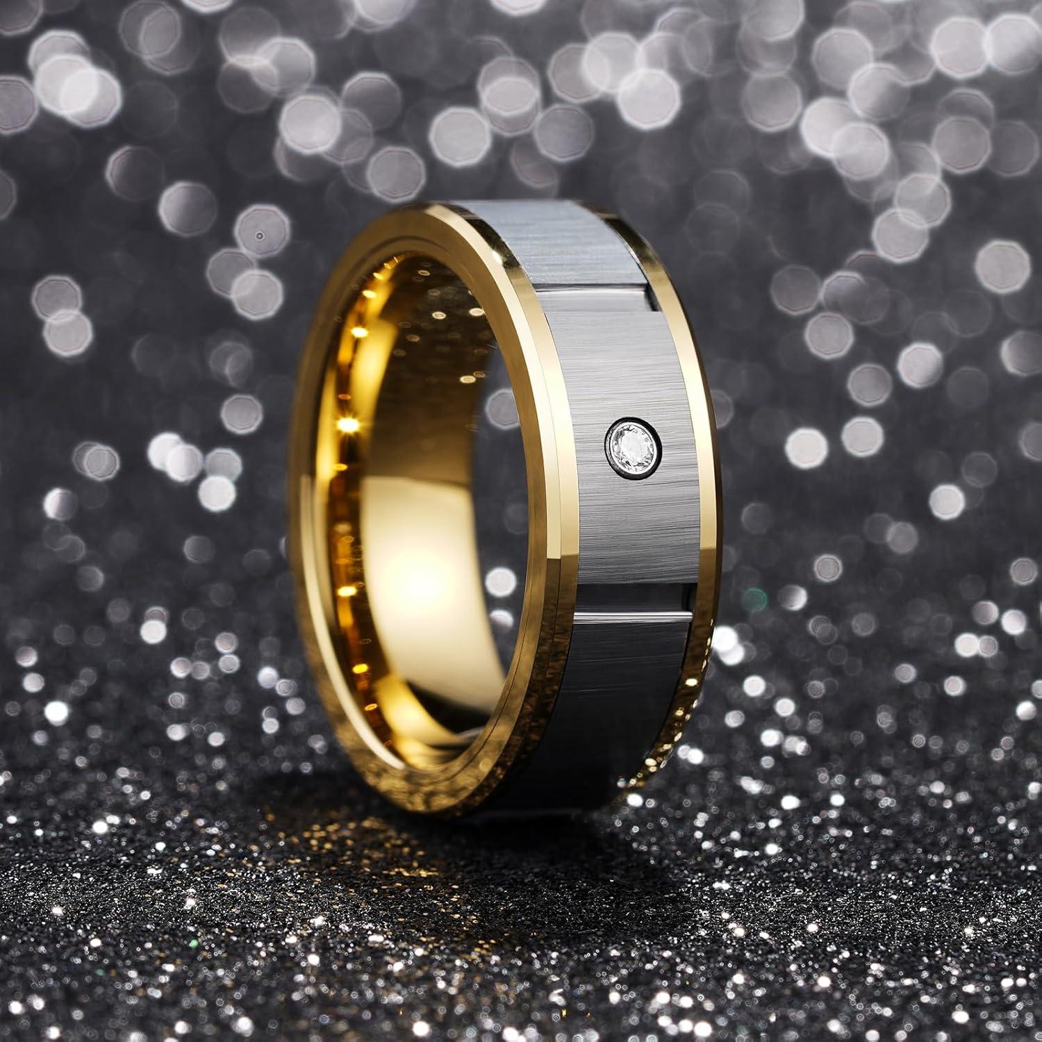 imageKing Will Mens Tungsten Wedding Band with Cubic Zircon Inlay 7mm8mm Flat Cut Comfort Fit Engagement RingsBGunmetalGold Inlay8mm
