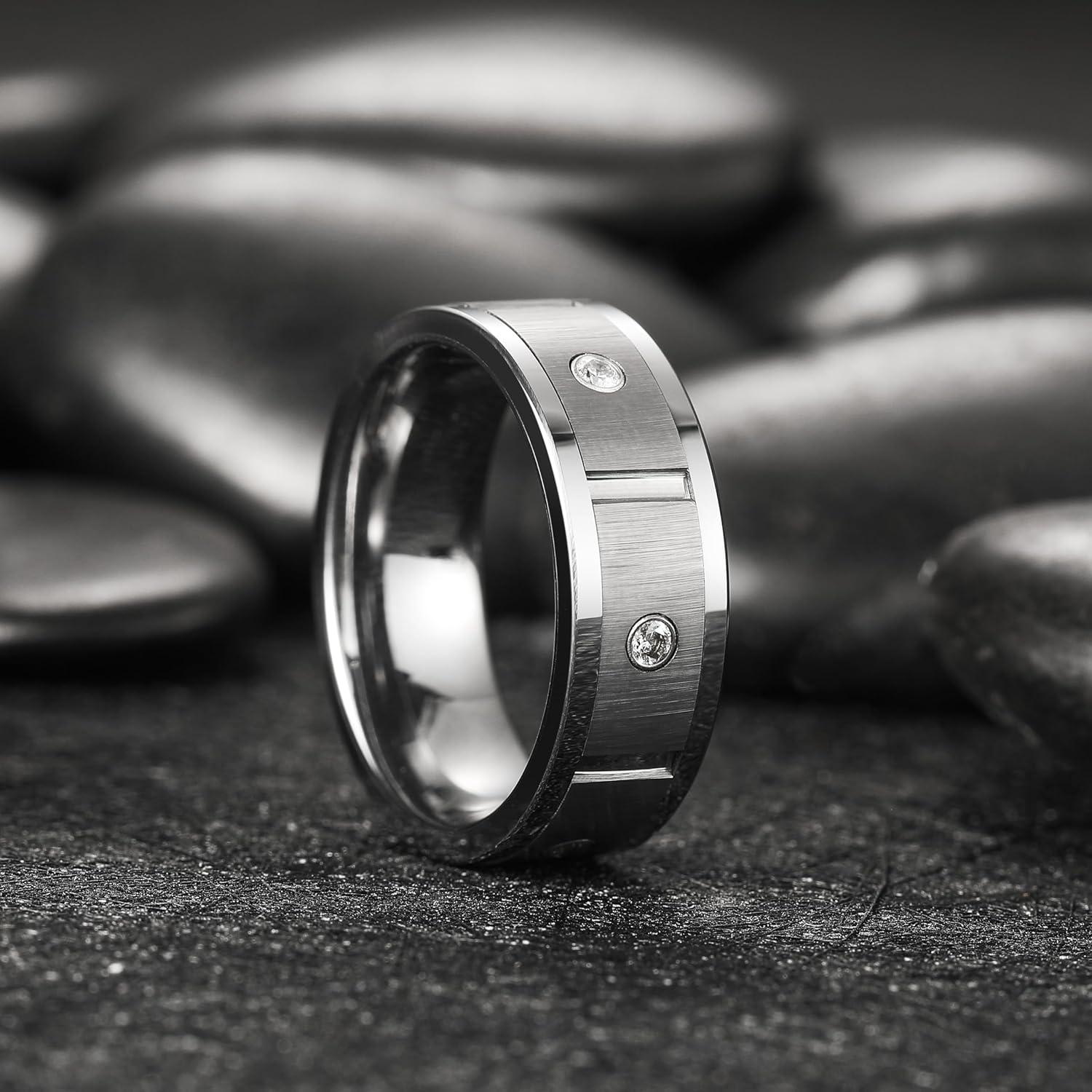 imageKing Will Mens Tungsten Wedding Band with Cubic Zircon Inlay 7mm8mm Flat Cut Comfort Fit Engagement RingsBGunmetalSilver Inlay8mm
